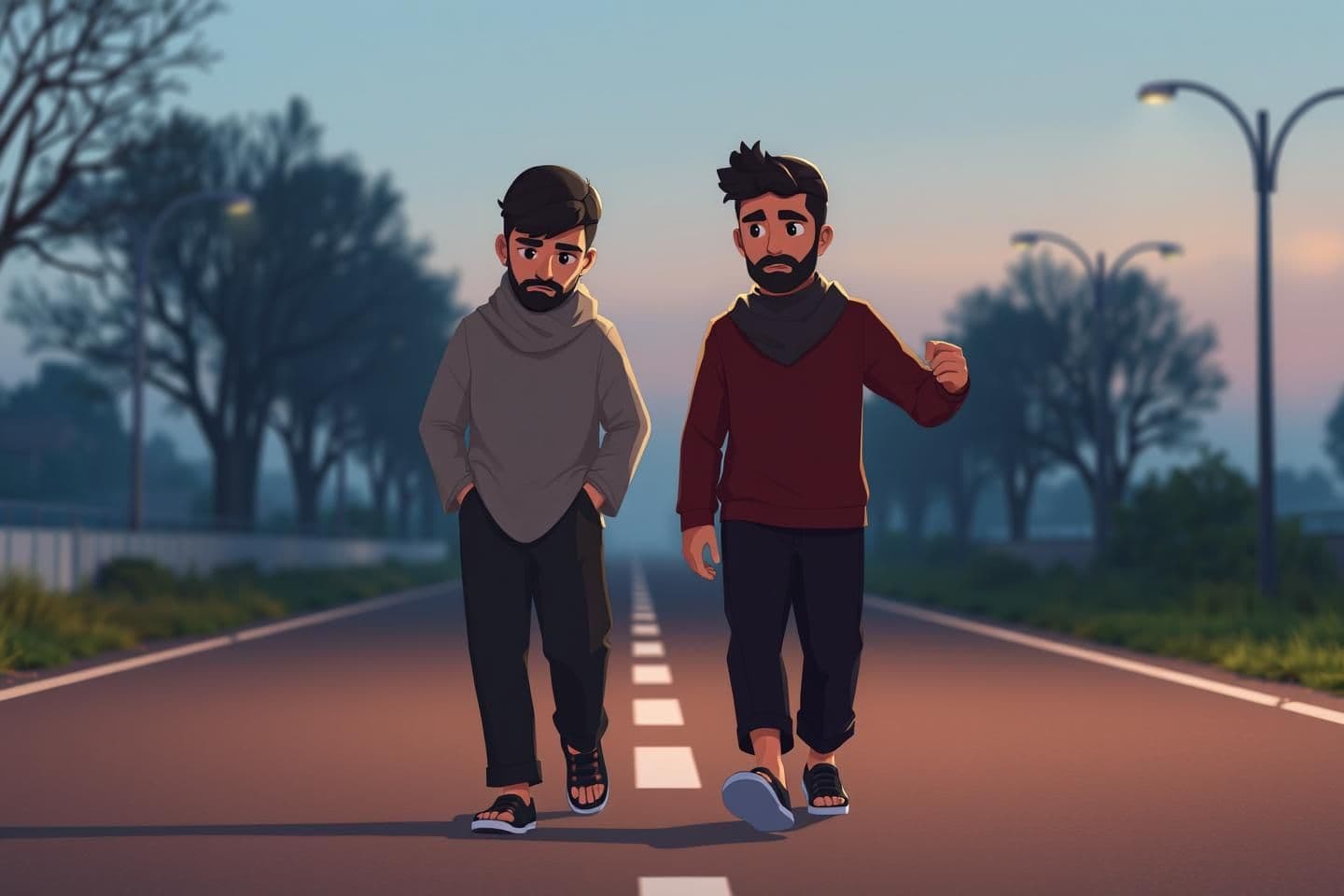 AI generated: "Two young Muslim men walking together on a quiet evening road, one looking sad with lowered head, the other comforting him by holding his arm gently, soft light around them, style