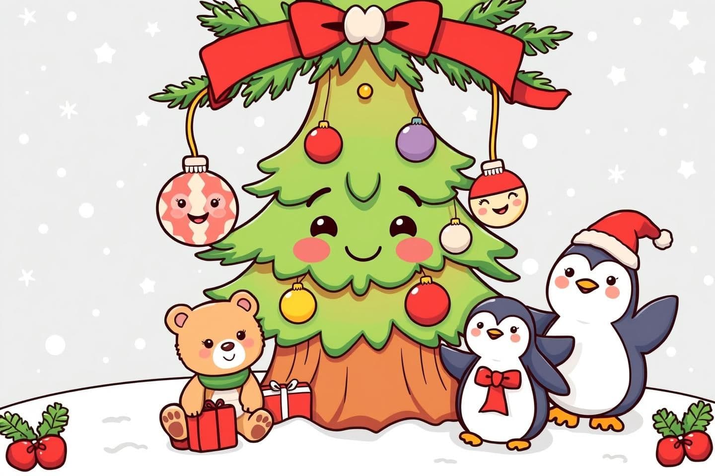 AI generated: Cute kawaii Christmas coloring book cover for kids. A big smiling Christmas tree with adorable ornaments that have happy faces. Around the tree are cute animals: a bear, a fox, and
