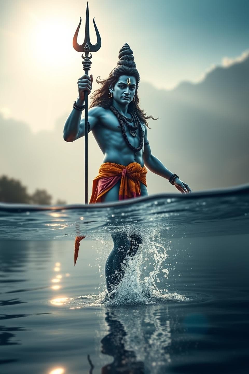 AI generated: Lord Shiva standing dynamically in the River Ganga — one leg forward, half body above water and half below, holding the Trishul diagonally so that its head just touches the water s
