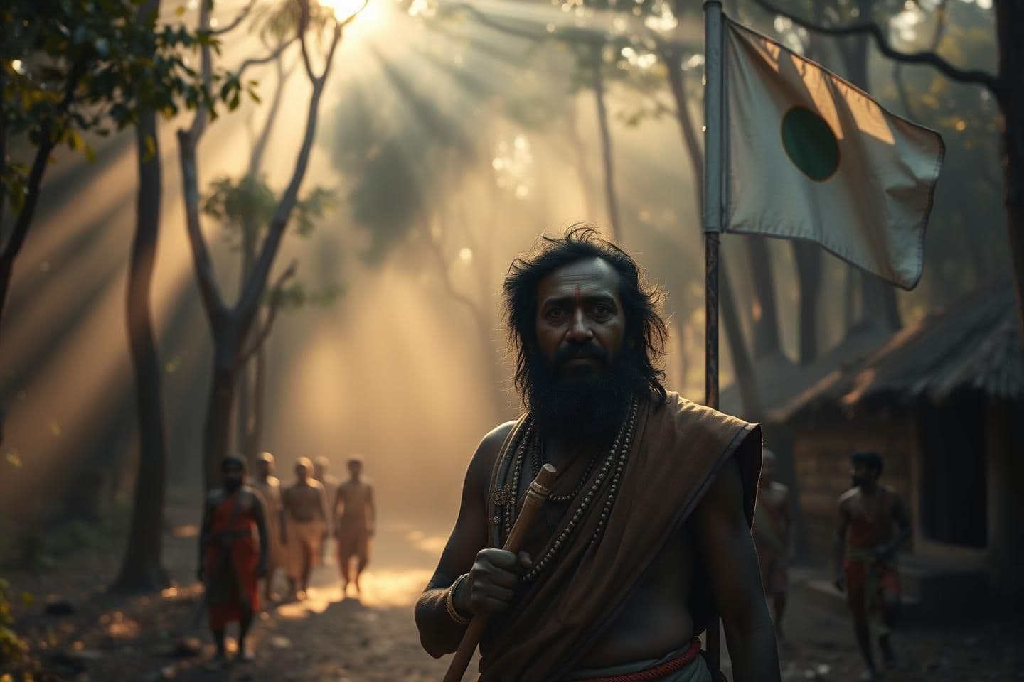 AI generated: “Ultra-realistic cinematic portrait of Birsa Munda standing in a dense Jharkhand forest, holding a traditional spear, tribal followers behind him, dramatic golden sunlight rays thr