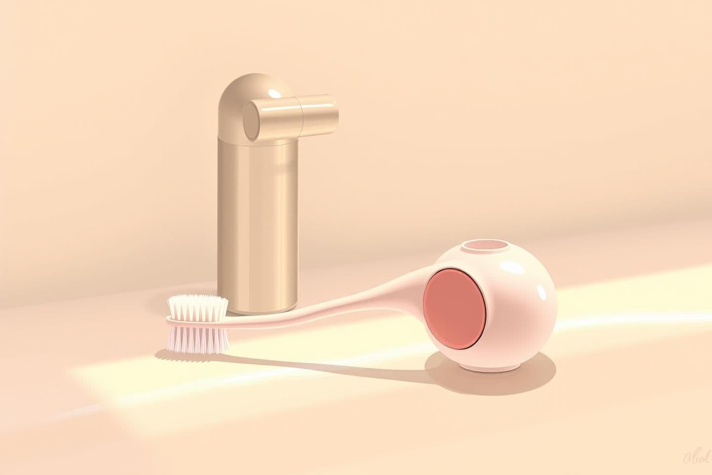AI generated: A high-detail Studio Ghibli style illustration of a handheld soft bristle cleaning brush with an integrated liquid dispenser, rounded handle and soft bristles, plastic modern desig