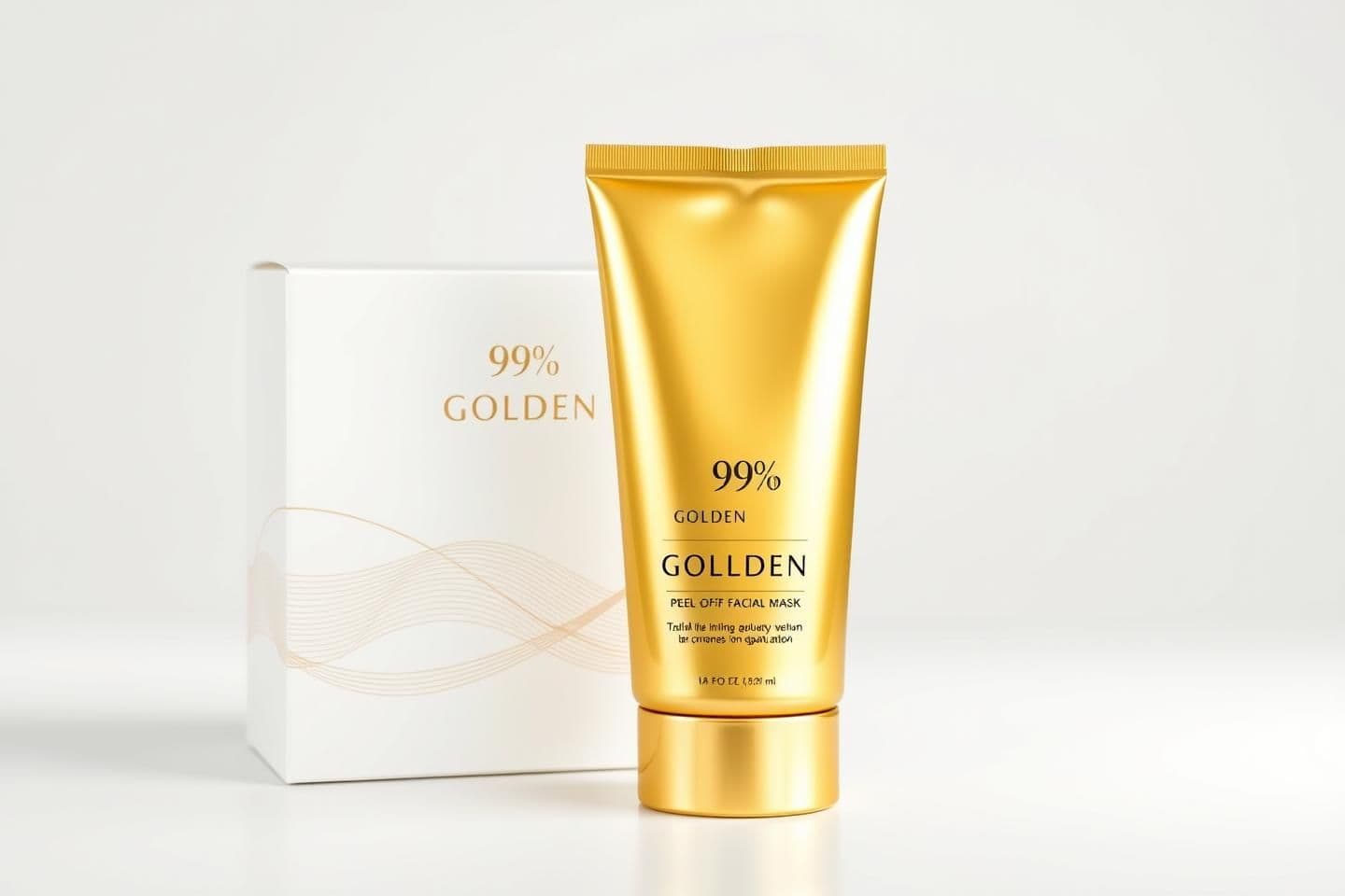AI generated: {
"prompt": "A high-end studio product photo of a golden peel-off facial mask in a glossy metallic tube labeled '98% Golden – Peel Off Mask.' The tube stands upright in front of