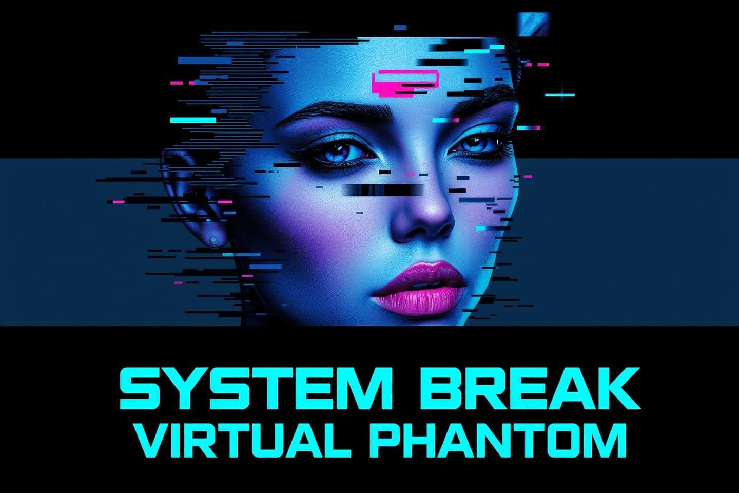 AI generated: Image is a digital artwork with a cyberpunk style, featuring a fragmented and glitchy portrait of a person. The layout is vertical, with the subject's face occupying the central po