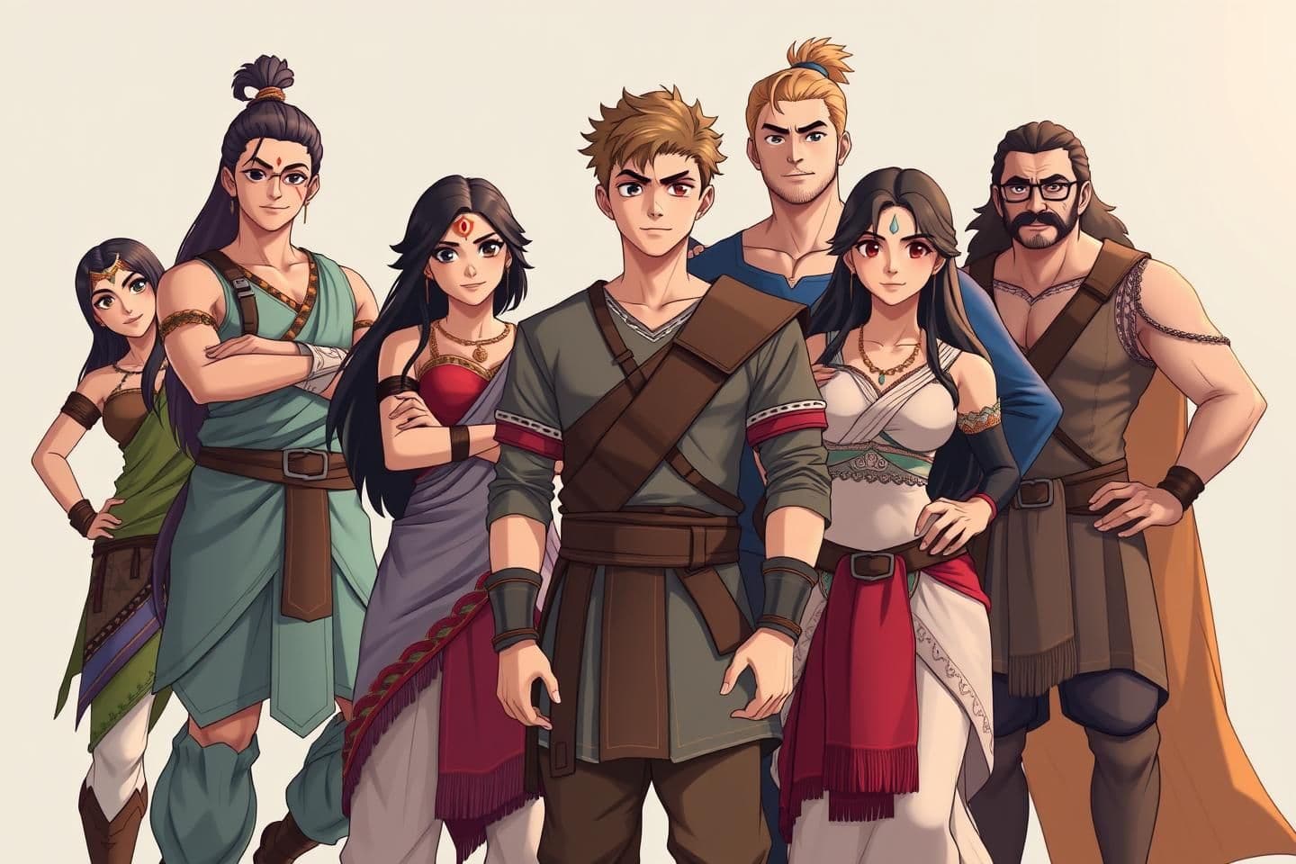 AI generated: A realistic anime-style group of friends in warrior-style outfits, the confident leader standing at the front, his two close allies beside him who is his girlfriendand friend and h