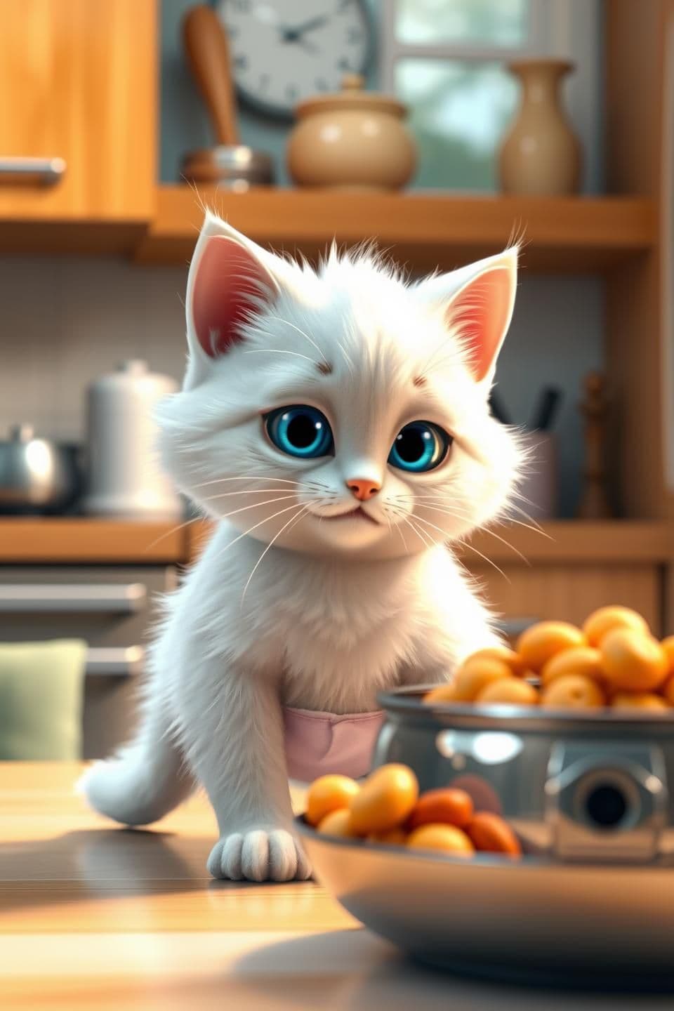 AI generated: Vertical 9:16. A cute, detailed anthropomorphic small white cat with intense blue eyes wearing a pamper stands in a cozy modern kitchen. The cat is staring dramatically at a shiny