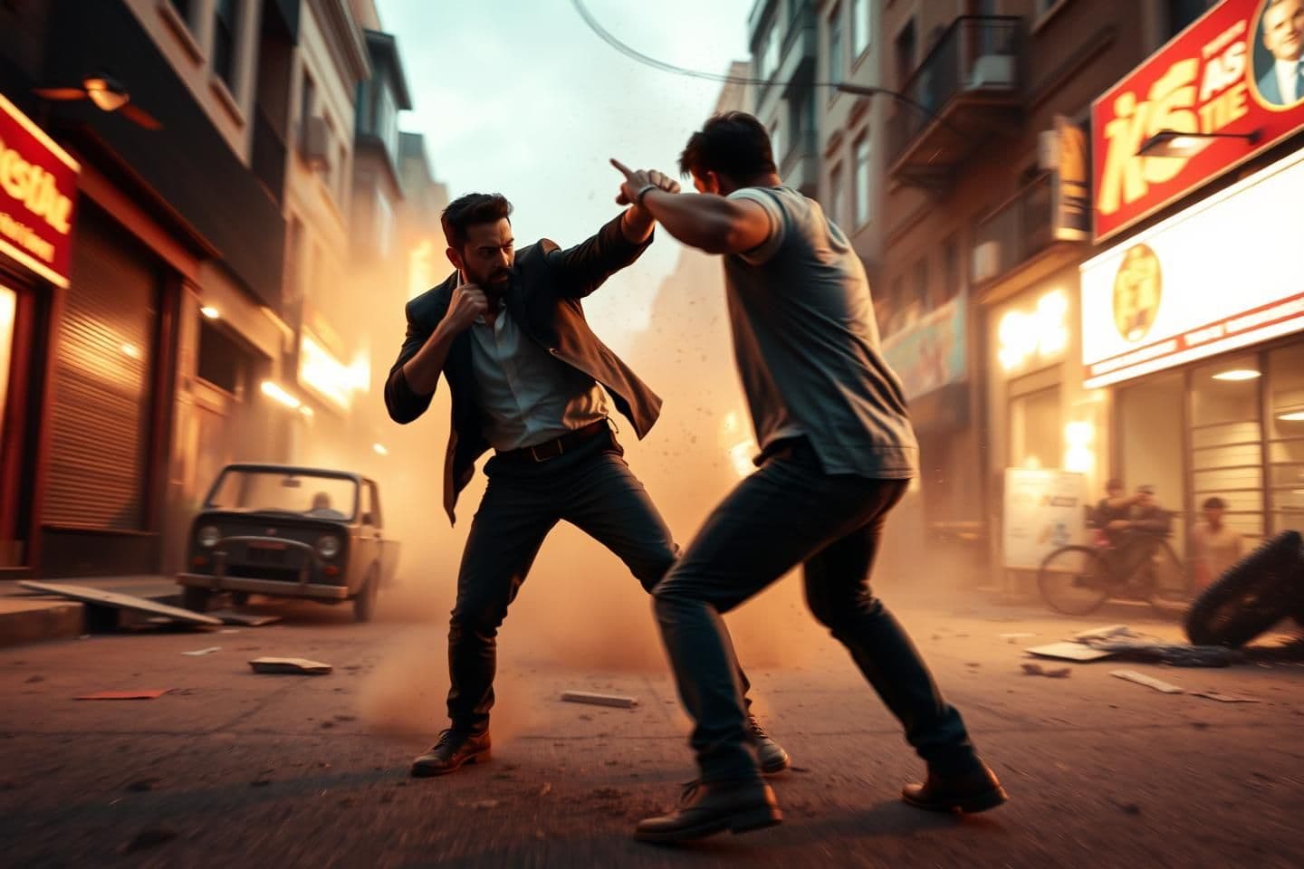 AI generated: A realistic cinematic action background showing two men fighting intensely in the middle of an urban street. One man is punching while the other dodges or blocks the attack. The sc