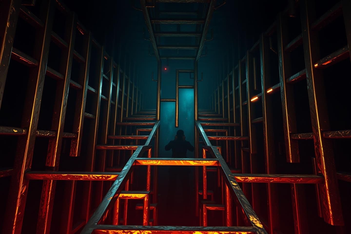 AI generated: A dark, cinematic illustration of a human figure trapped inside a giant maze made of glowing golden bars, intense shadows, dramatic lighting highlighting fear and tension, subtle r