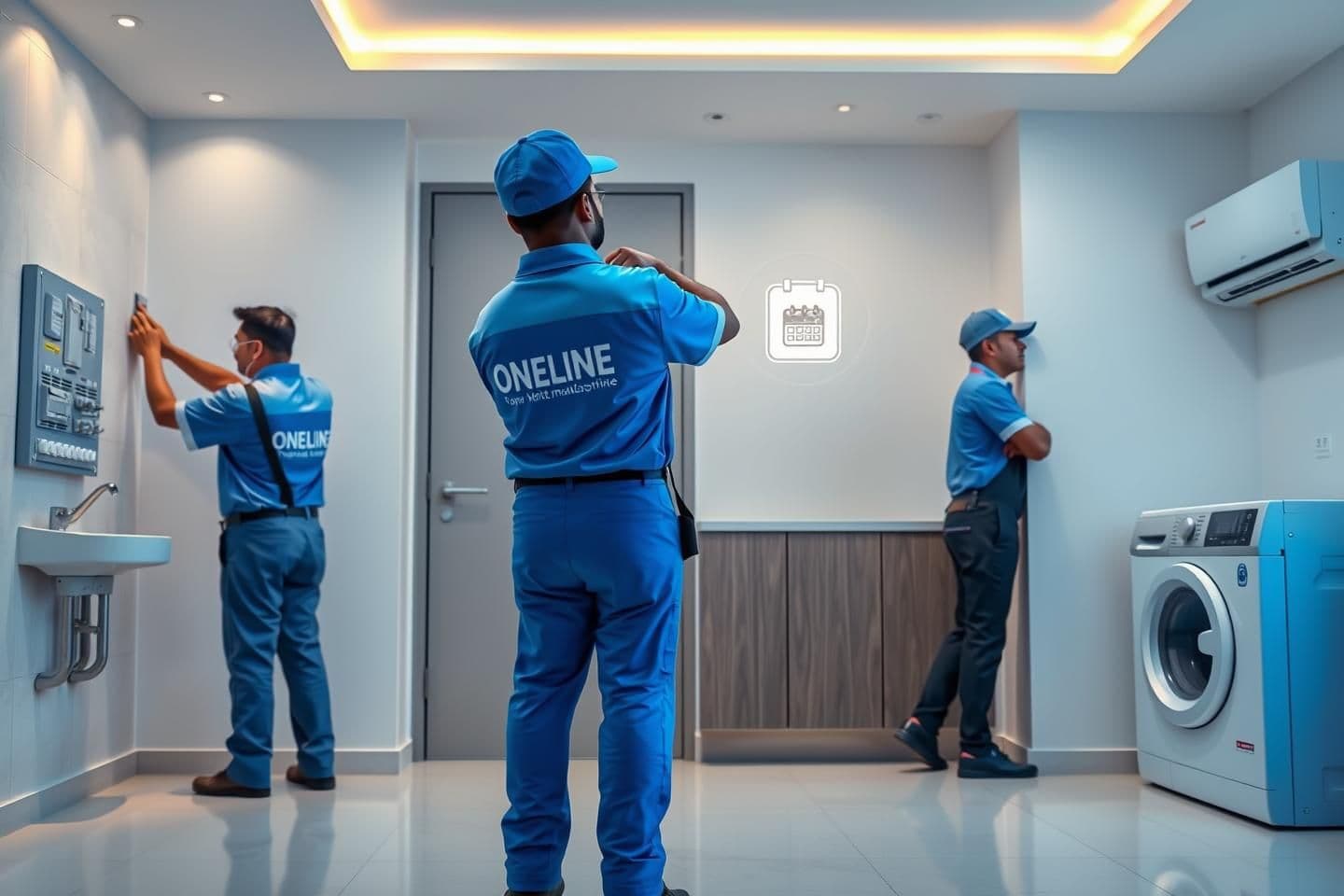 AI generated: “Create a clean, premium, branding-style hero image for a Chennai-based home maintenance subscription company named ONELINE. Show a modern Indian apartment interior with soft, even