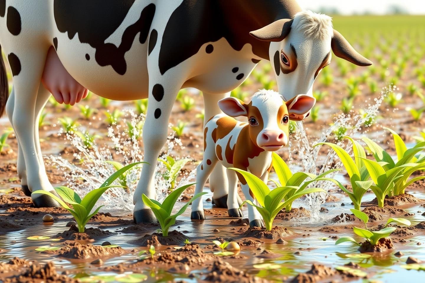 AI generated: "The same cow and calf watering young corn plants in the field. Water splashes gently around them. Cow is patient, calf is excited. Same 3D animated characters, bright daylight, re