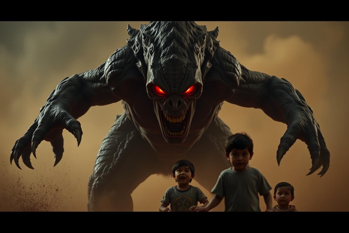 AI generated: Generate 9:16 resolution image Gaanv ke beech ek bada, dark-brown scary monster Wakasur enters, 12-15 feet height, glowing red eyes, rough cracked skin, long arms, children shocked