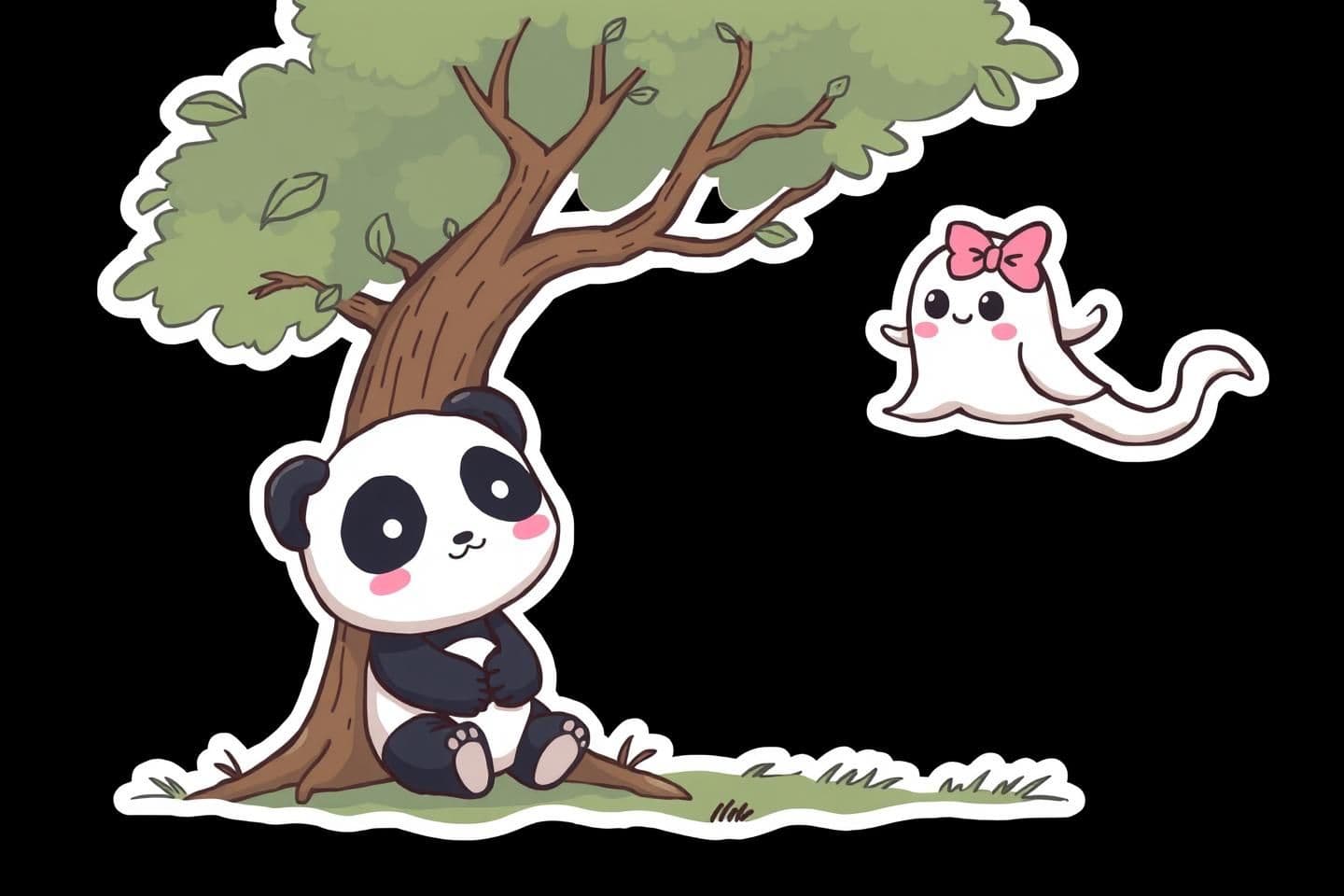 AI generated: “Cute chibi panda sitting under a tree, smiling softly, while a tiny ghost with a pink bow floats beside him. Both characters looking at each other curiously, holding hands. Sticke