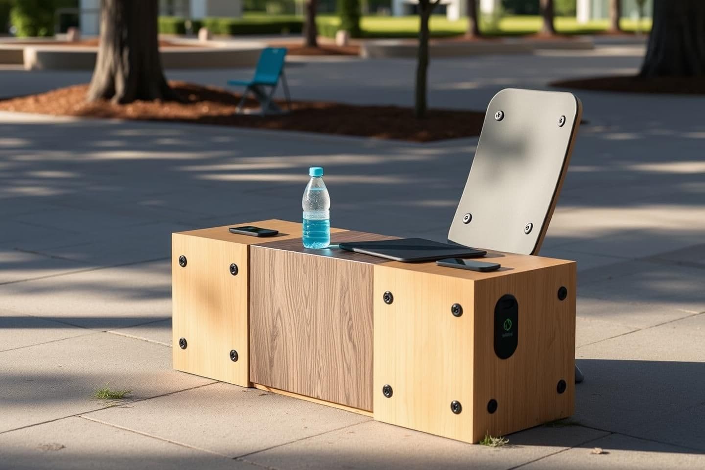 AI generated: Create an image of prototype problem statement portable seating for outdoor campus spaces with features it should be lightweight extremely portable with charging point water bottle