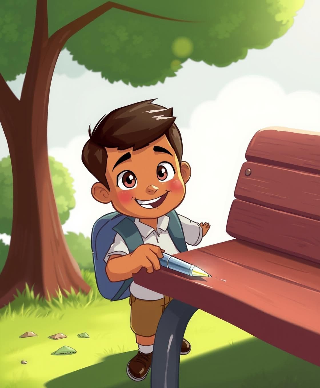 AI generated: Scene 1: Boy Finds Pen
"2D cartoon boy finding a shiny pen on school bench"
Ravi, a cheerful 2D cartoon boy with wide eyes and a backpack, spots a shiny fountain pen gleaming on th