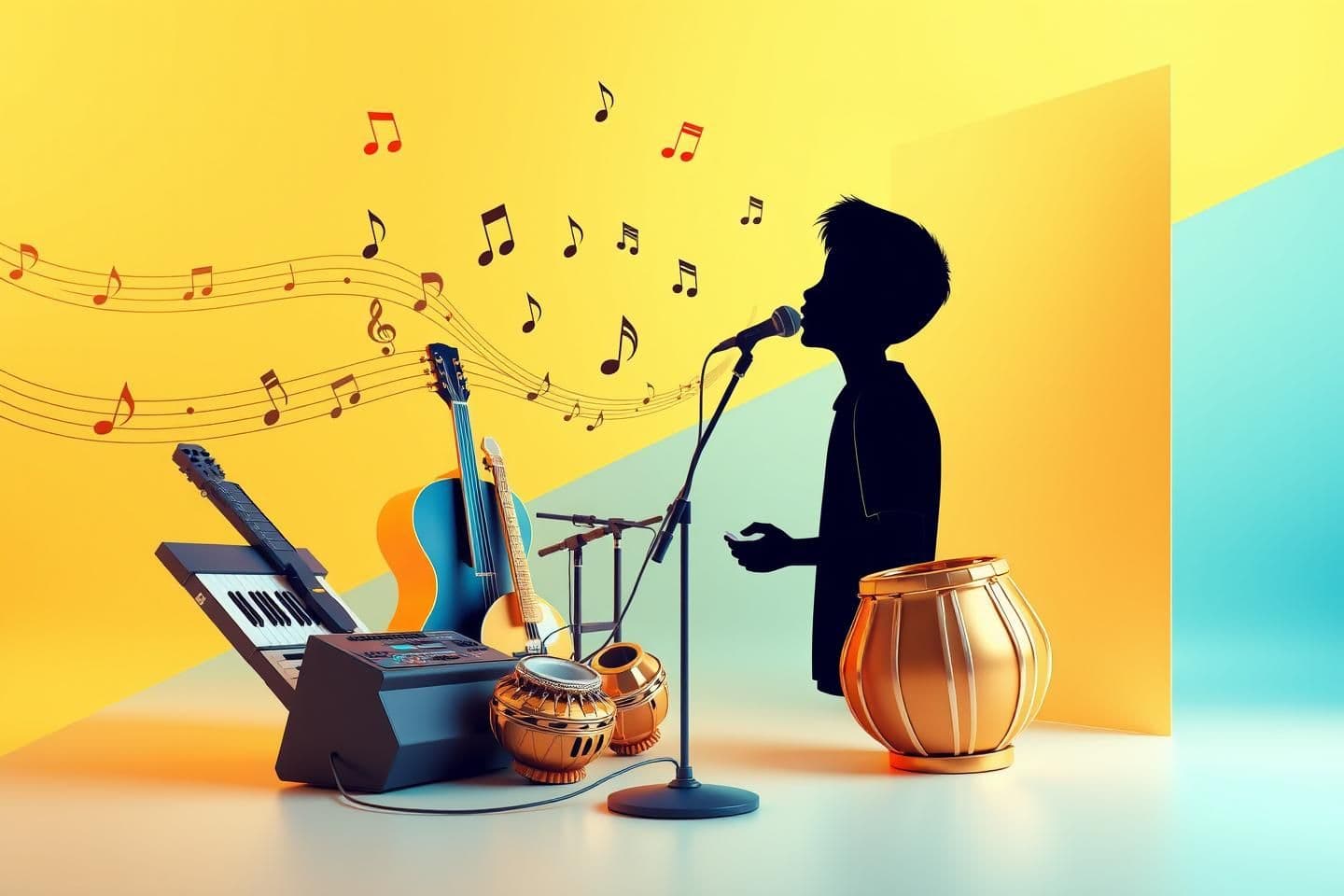 AI generated: A vibrant music academy brochure cover, elegant modern design, soft golden and blue color theme, musical notes floating in the background, high-quality 3D instruments arranged neat