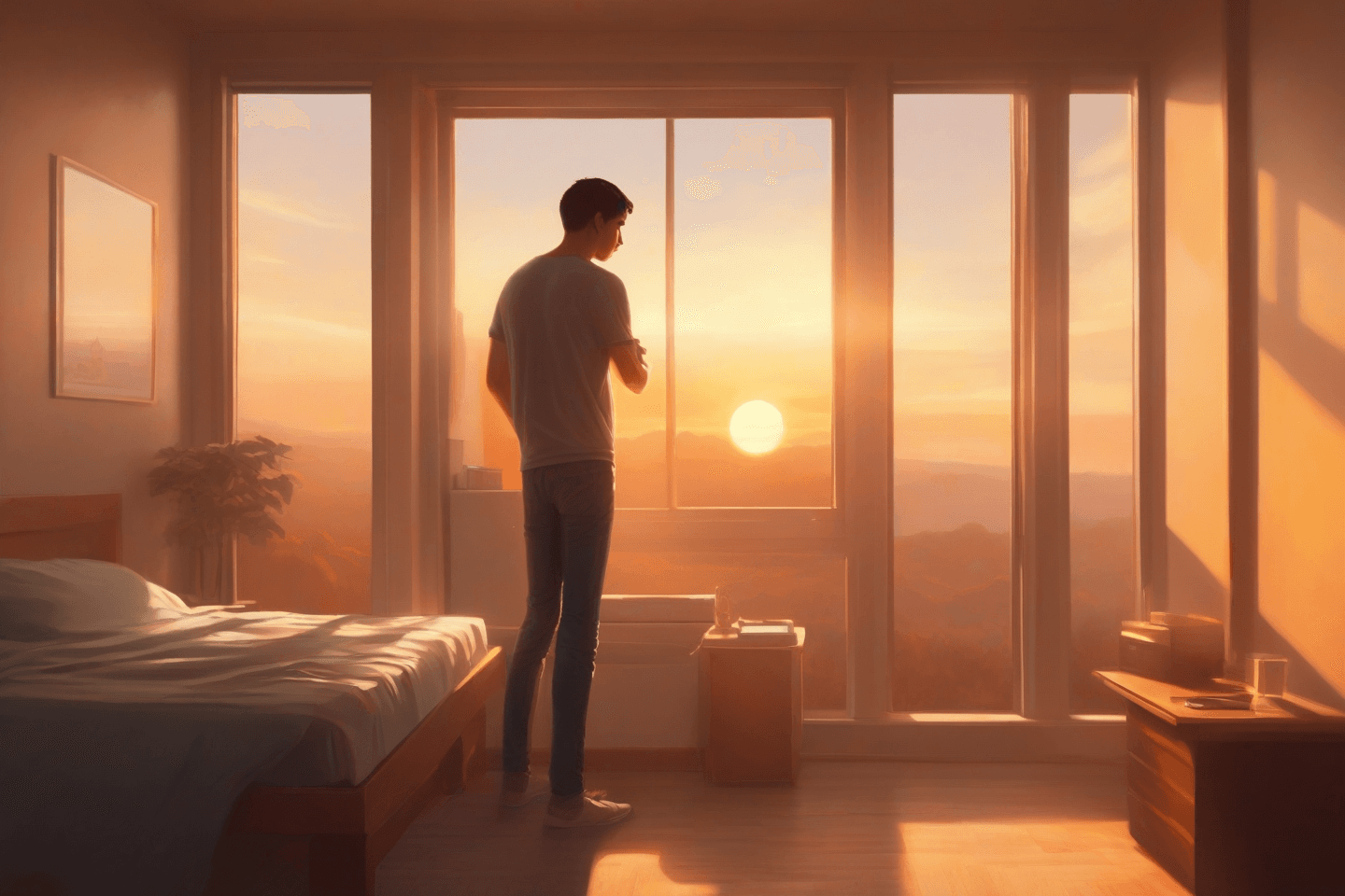AI generated: cinematic, ultra-realistic digital illustration of a young man standing by a glowing sunrise window — warm golden sunlight entering the room, symbolizing a new beginning. On one si