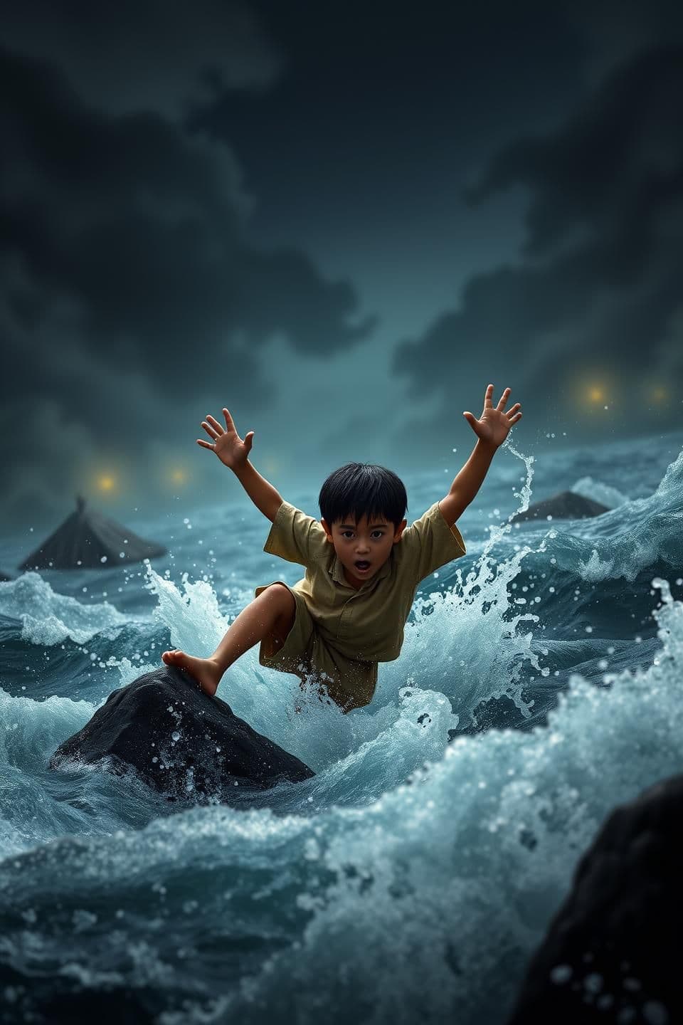 AI generated: A small 6–8-year-old village boy with wet black hair, simple beige shirt and half pants, slips on a wet rock and falls into the fast-flowing dark river. His arms flail in panic as