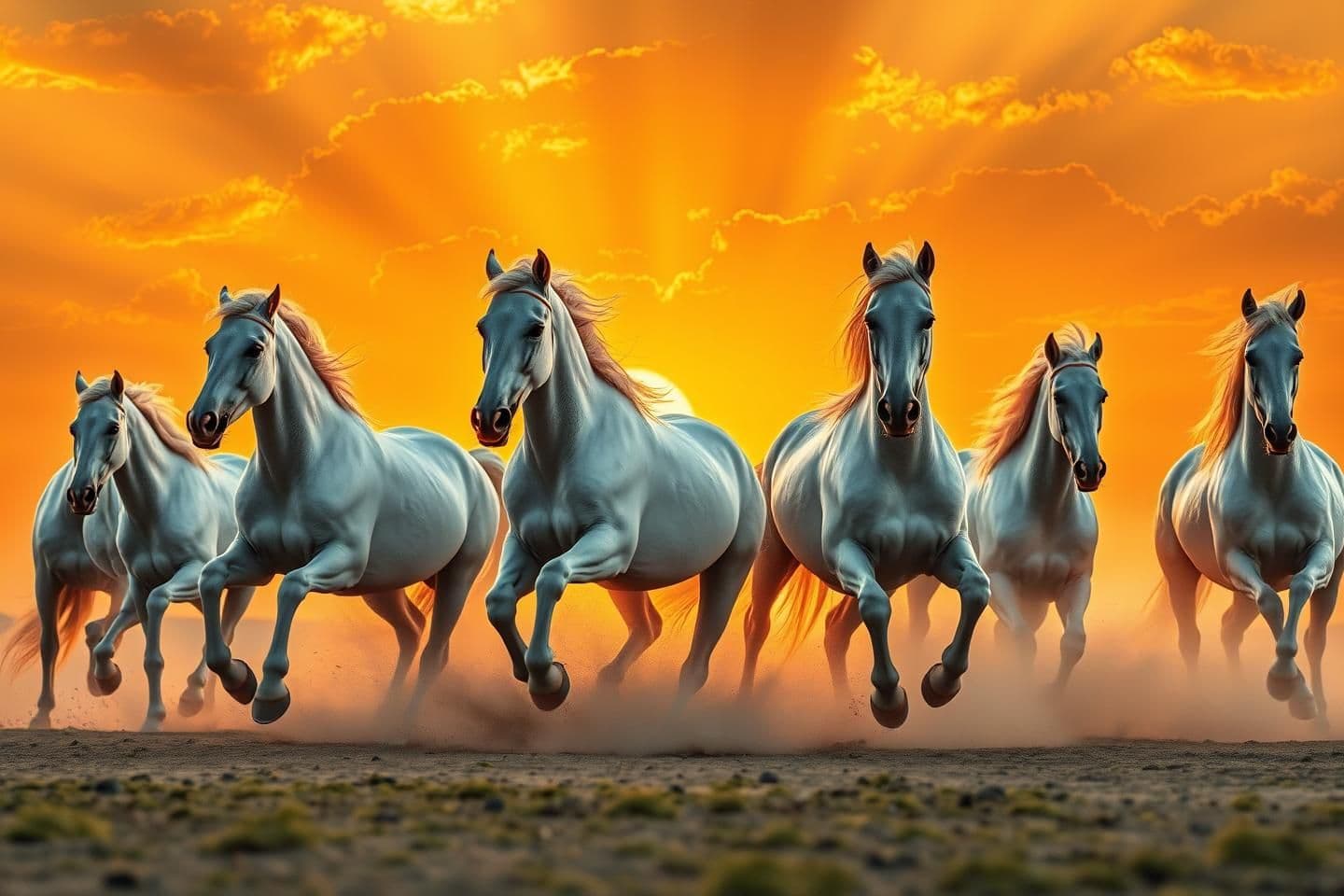 AI generated: Seven white horses running together in formation, bright golden-orange sunset sky, dramatic clouds with yellow light rays, vibrant warm colors, dust rising from the ground as they