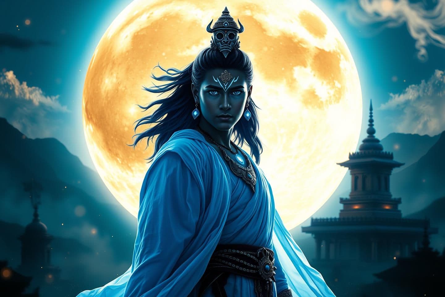 AI generated: YouTube thumbnail style artwork of Chandra, a young celestial warrior-sage standing dramatically in front of a huge glowing full moon. Intense blue and silver lighting on his face,