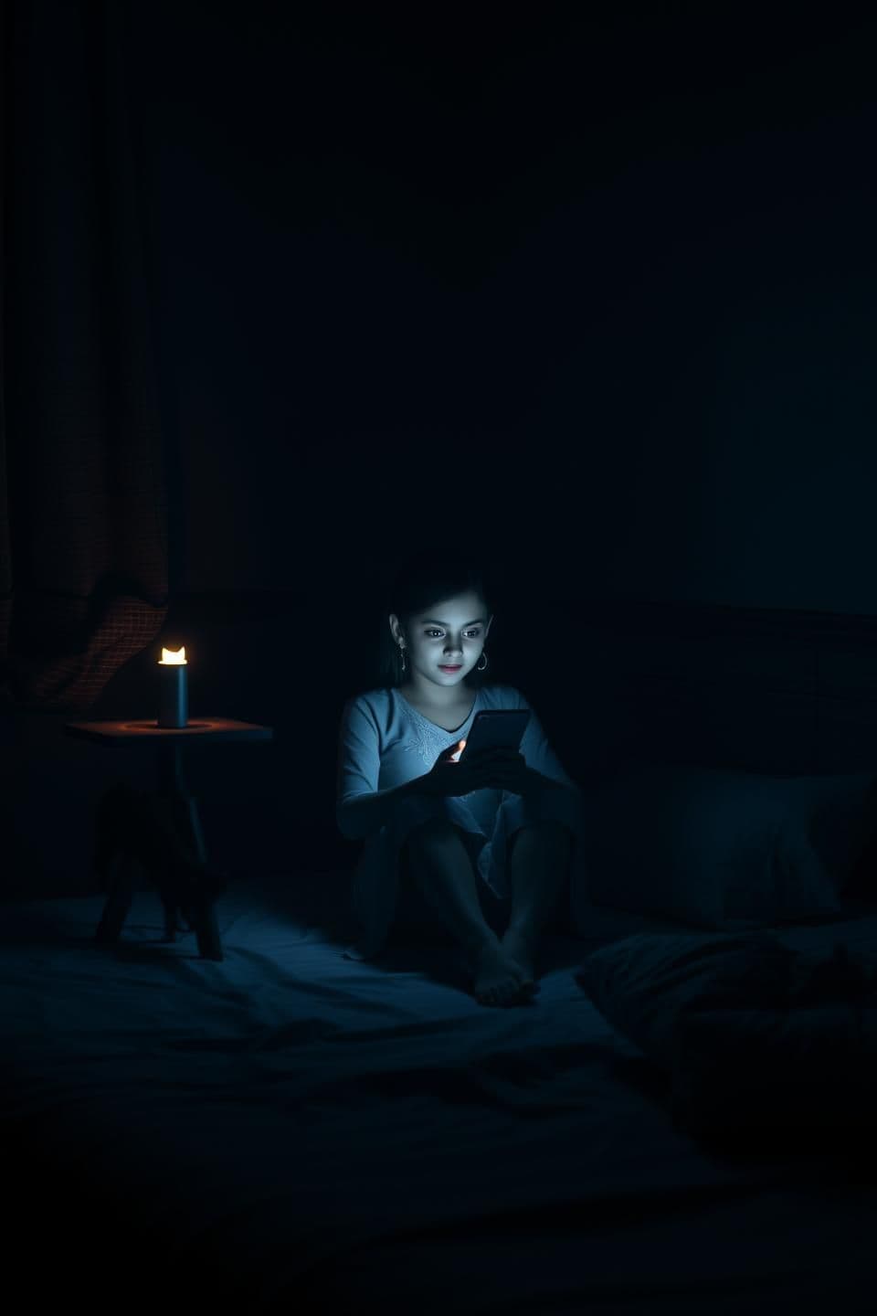 AI generated: A dark bedroom lit only by a phone screen, a young Indian girl sitting on bed scrolling her phone at midnight, sudden power cut makes everything dark, only a small torch light glow