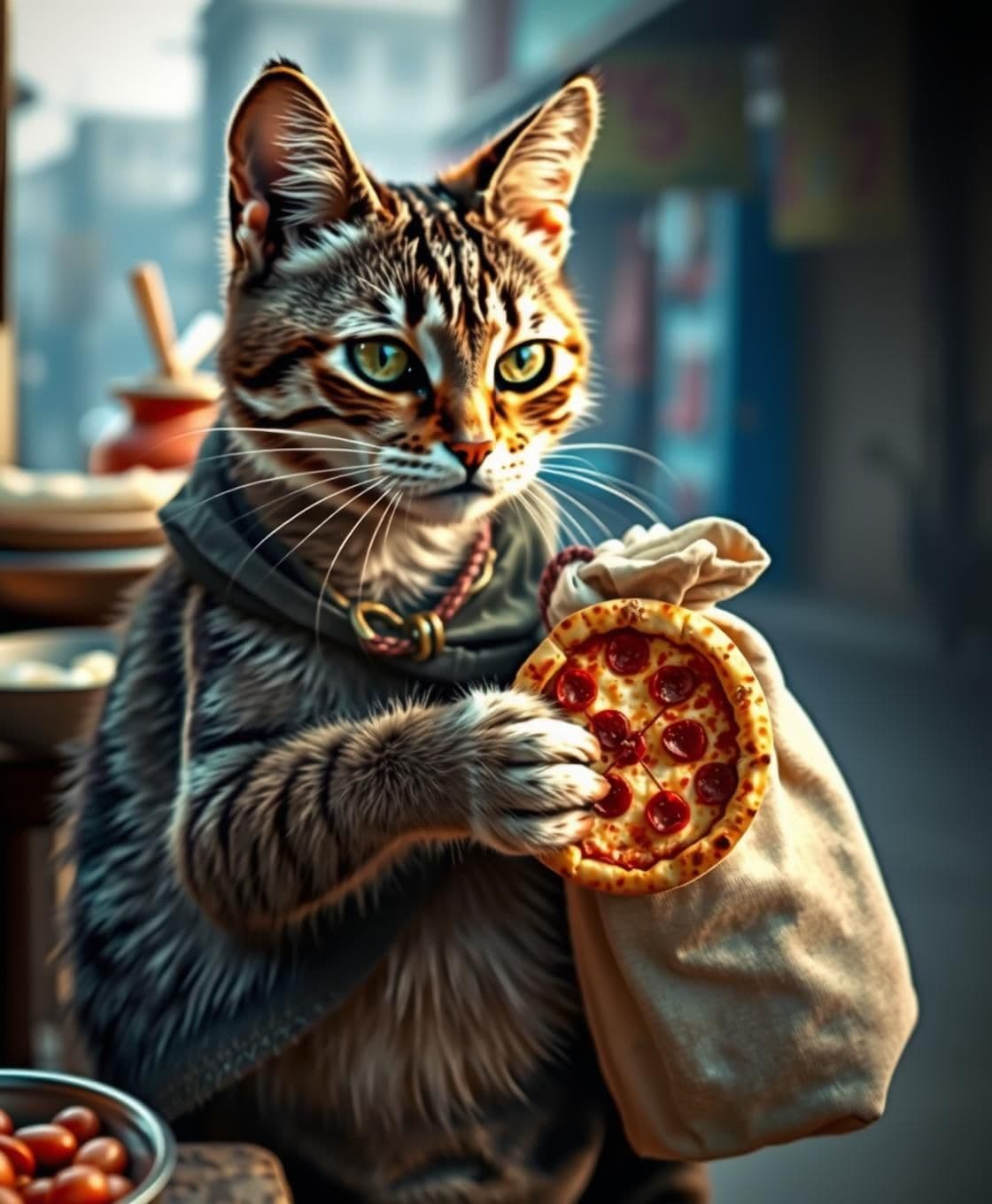 AI generated: The determined cat working hard in a small roadside stall, kneading pizza dough with tiny paws. Later, the cat places a freshly baked mini pizza on her own back with bag and walks