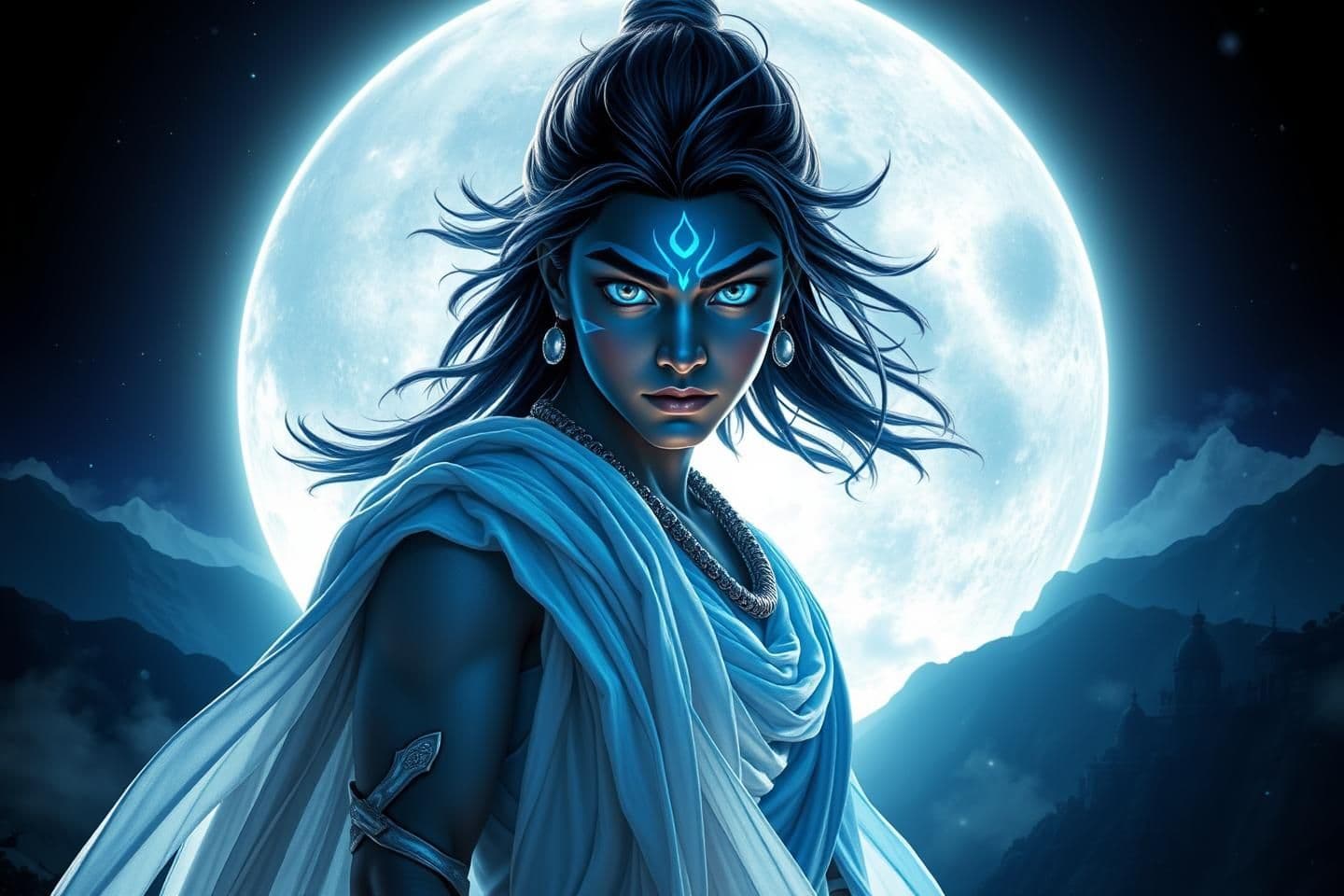 AI generated: YouTube thumbnail style artwork of Chandra, a young celestial warrior-sage standing dramatically in front of a huge glowing full moon. Intense blue and silver lighting on his face,