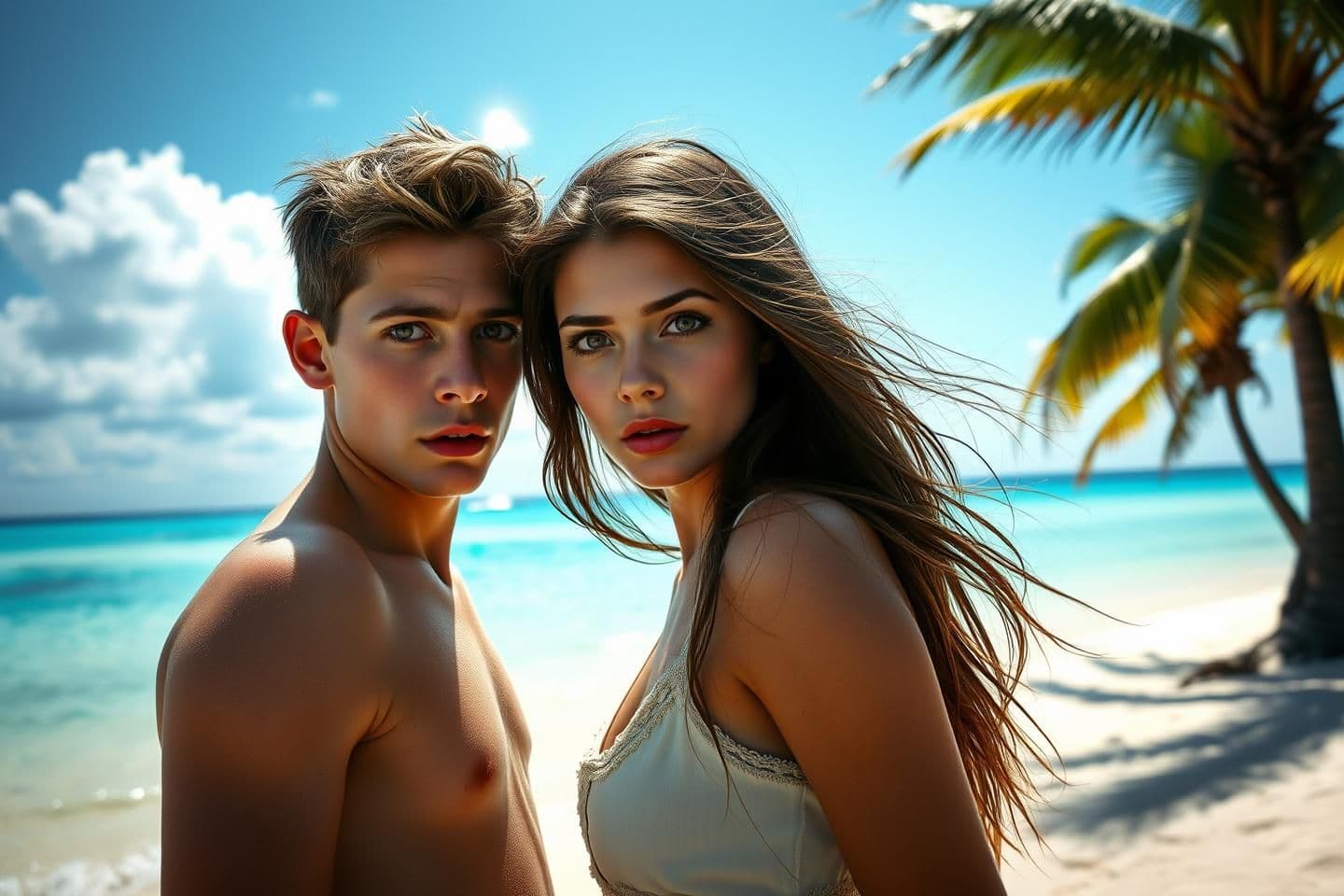 AI generated: A ultra-realistic cinematic scene on a deserted tropical island.
A shocked teenage boy and a beautiful teenage girl standing close to each other near the water, looking surprised
