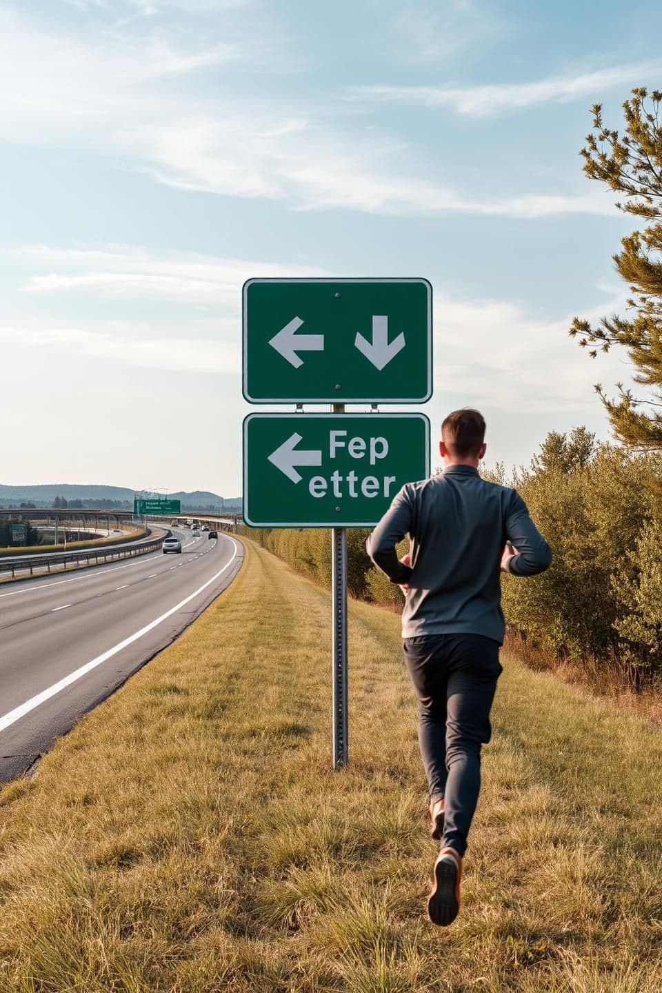 AI generated: i want a image where man is running towands right side on the left side there is highway with sky and greenary as background i want green sign board in front of man man man should
