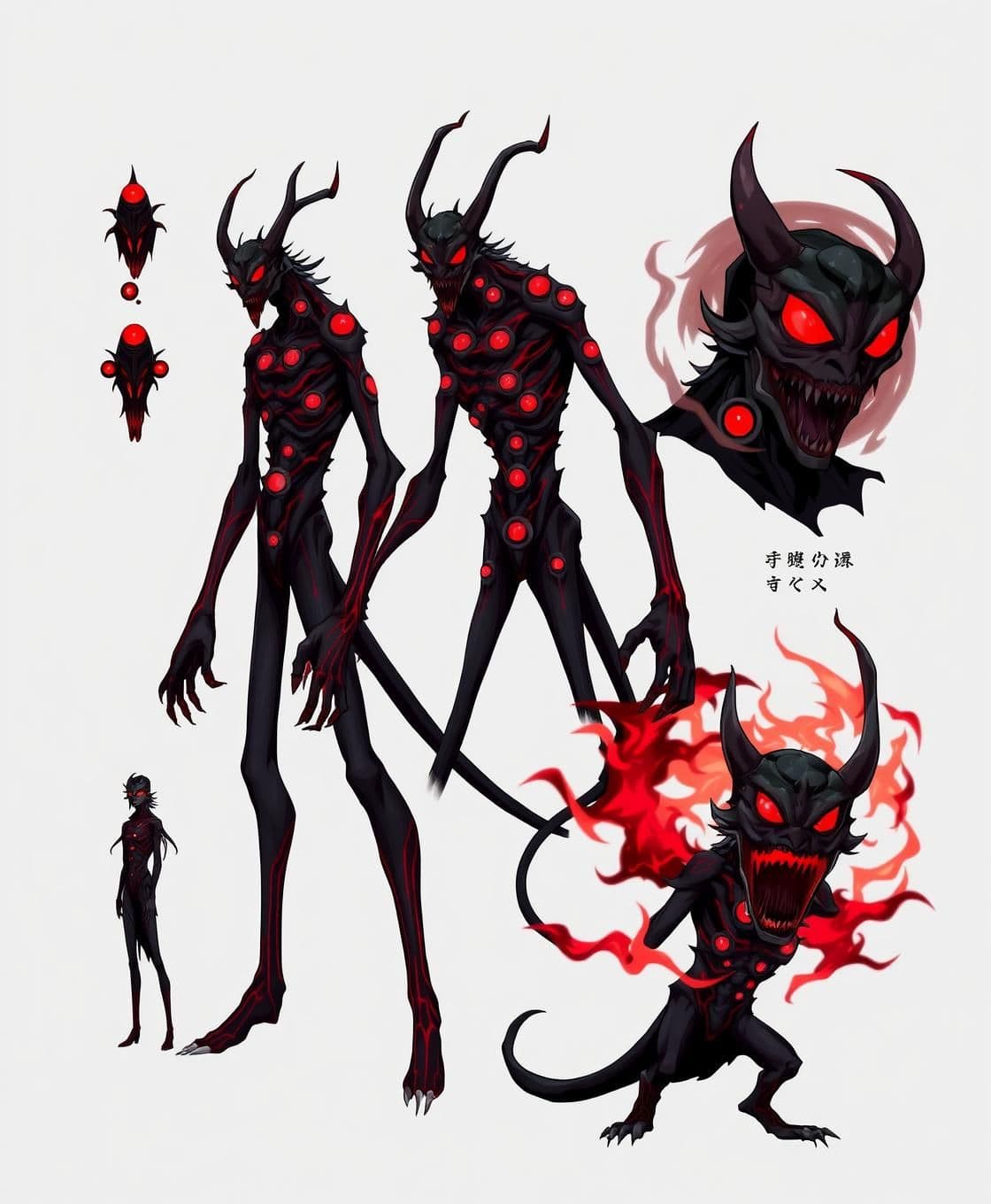 AI generated: Anime character sheet of a tall monstrous demon-like curse covered in many blinking eyes.
Skin texture: smoky black with red glowing veins.
Body: twisted limbs, elongated arms, c