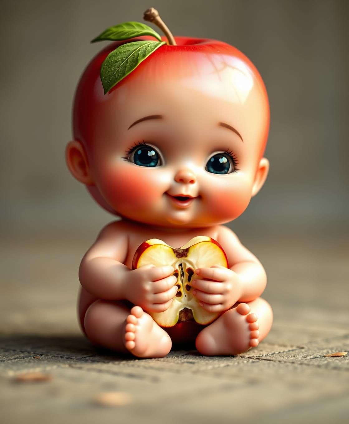AI generated: A cute baby boy sitting like a human, but his body is shaped like a shiny red apple. The apple has a smooth surface with a small green leaf on top like hair. The apple baby boy is