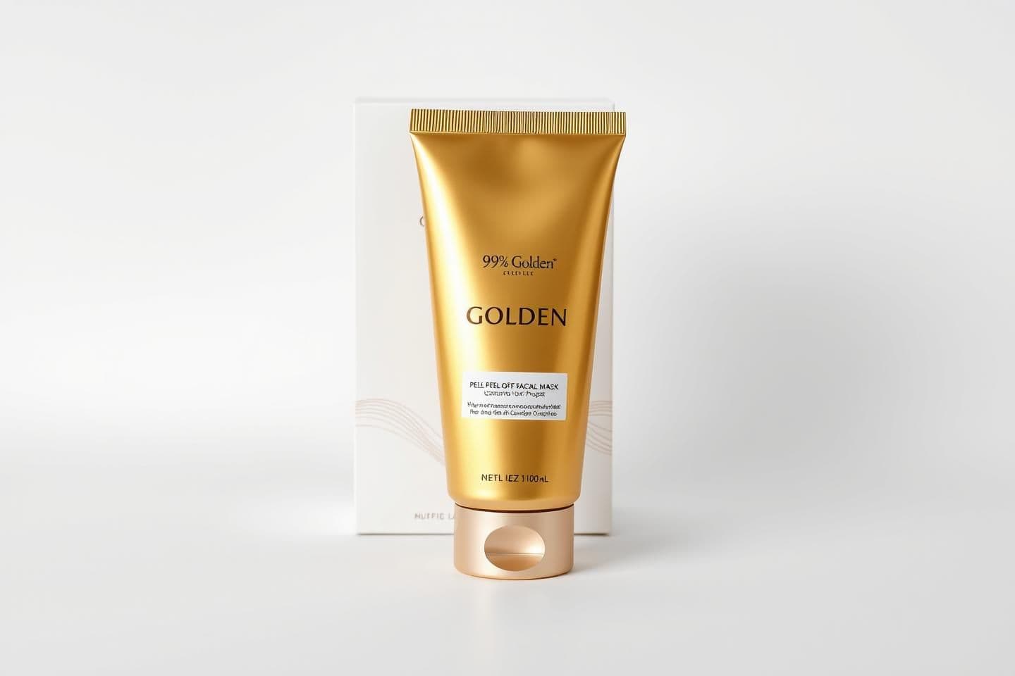 AI generated: {
"prompt": "A high-end studio product photo of a golden peel-off facial mask in a glossy metallic tube labeled '98% Golden – Peel Off Mask.' The tube stands upright in front of