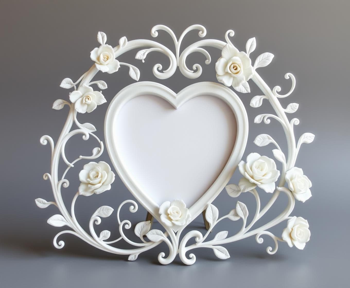 AI generated: Well structured Heart shape and A beautiful 3D printed photo frame with flowing organic vines and delicate roses, art nouveau style, seamless continuous design, matte white PLA mat