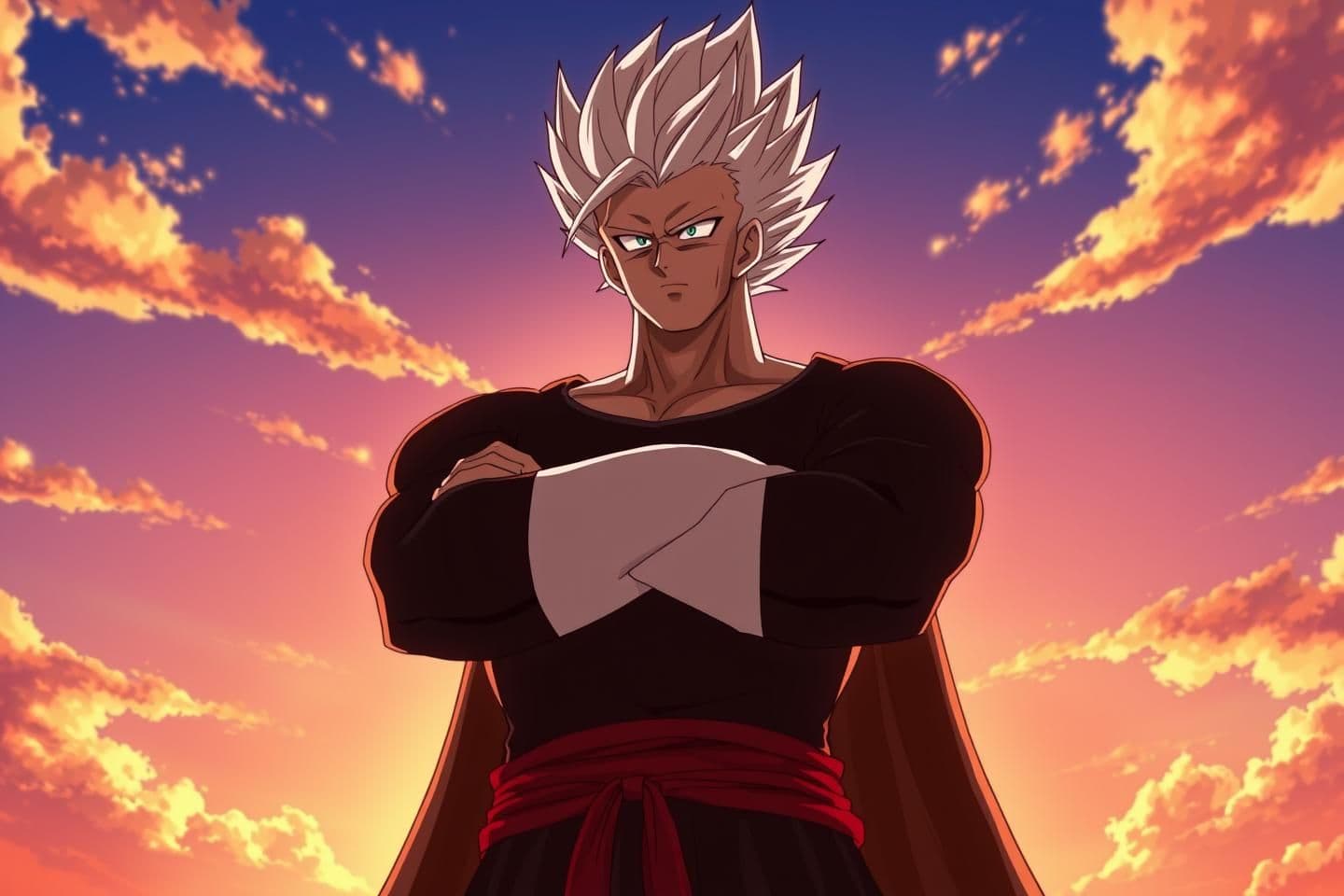 AI generated: Anime-style character inspired by Dragon Ball Grand priest, standing confidently with arms crossed against a bright sunset sky with clouds. The character has tall, spiky white hair