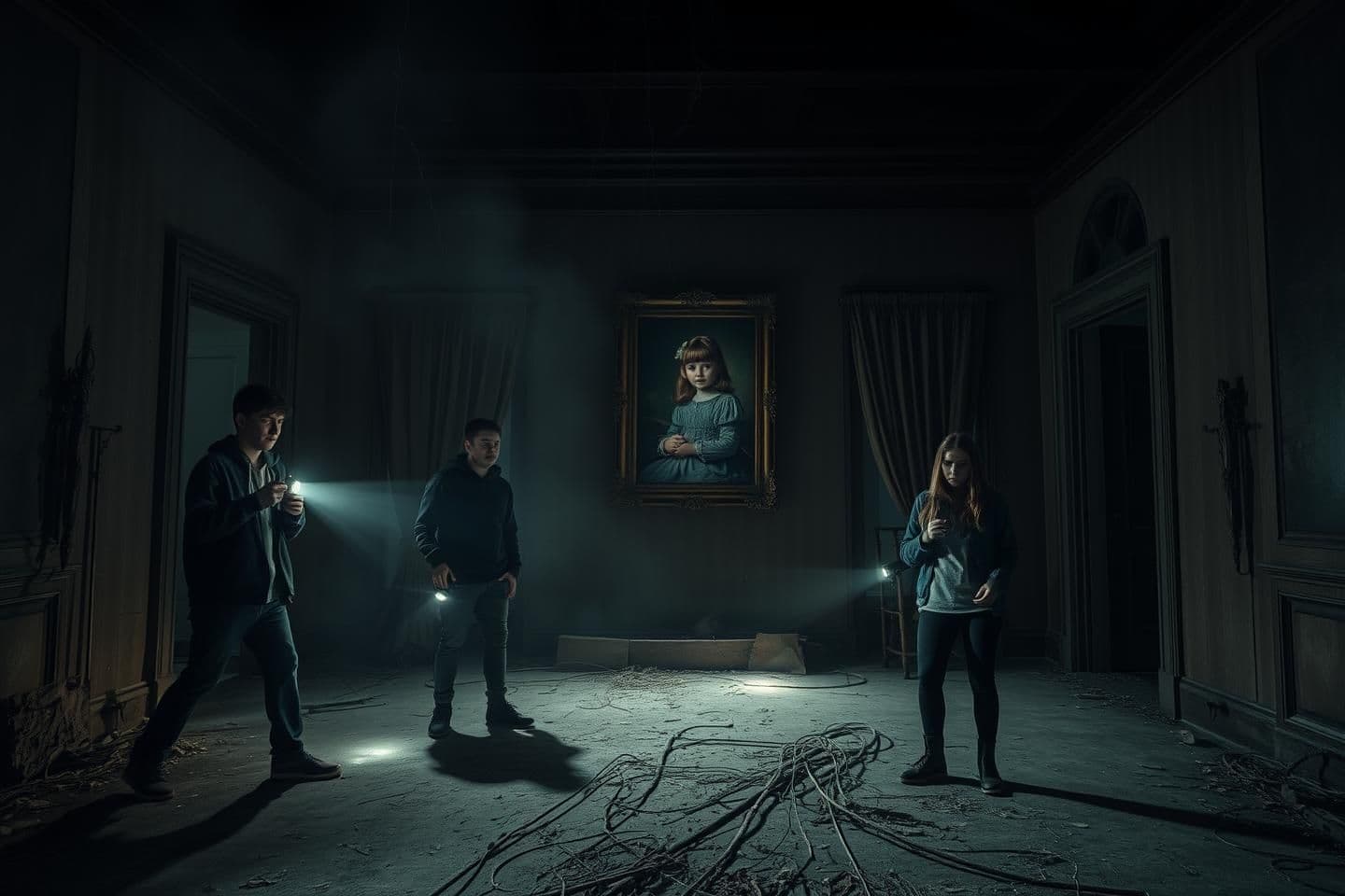 AI generated: Night scene inside an abandoned haunted mansion located in the mountains of a small mysterious town. Time is around 12 AM, the atmosphere is foggy and cold. Four young friends (two