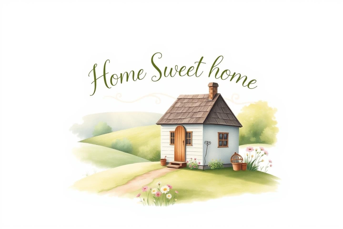 AI generated: A serene design capturing the essence of cottagecore with a whimsical touch, featuring a quaint, hand-painted country cottage surrounded by soft green fields and faded floral accen