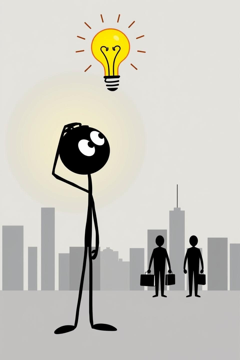 AI generated: Simple black stickman with oversized curious eyes tilts head upward, staring at a glowing light bulb "idea" bubble popping above his head. One stick arm scratches head in wonder. M
