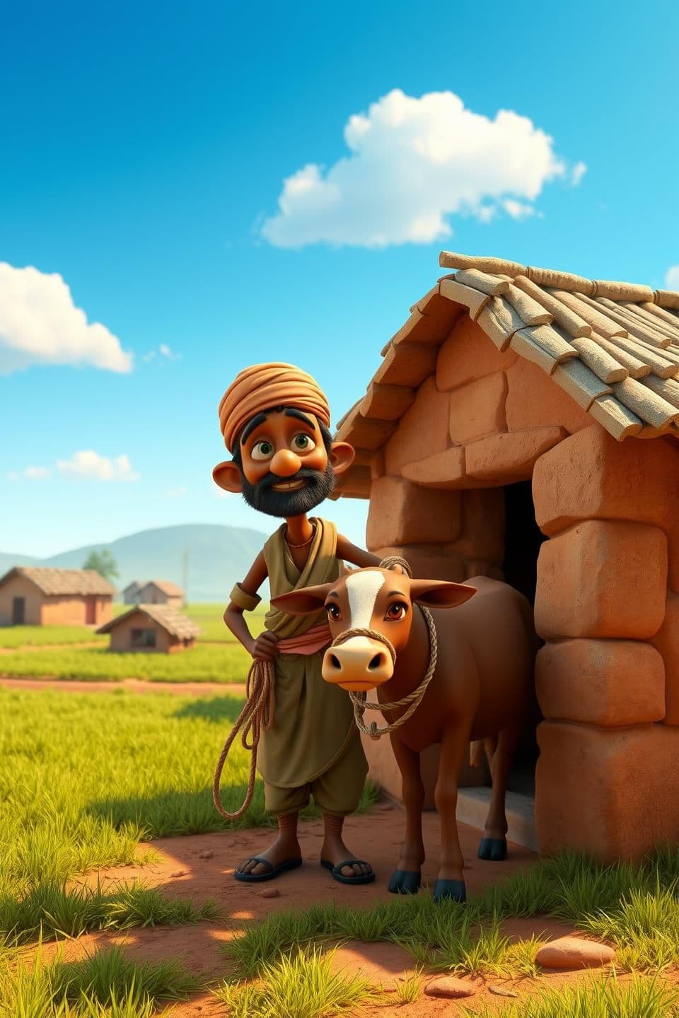 AI generated: Prompt:
A poor Indian farmer standing outside his small clay house in a peaceful village, holding a rope tied to his brown cow. Green fields and small huts around, clear blue sky w