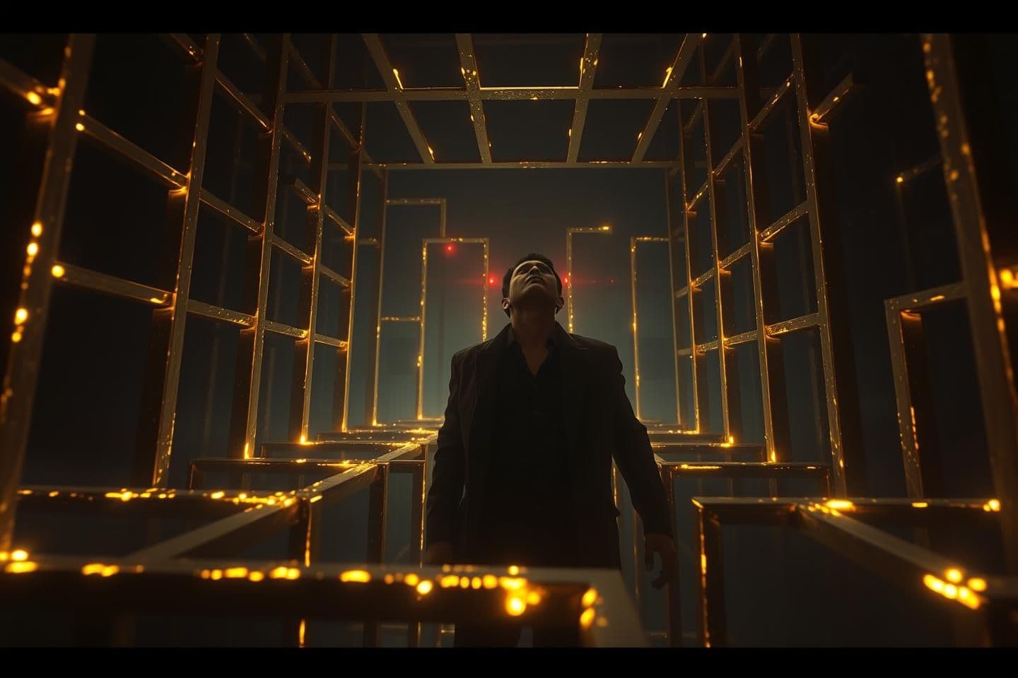 AI generated: A dark, cinematic illustration of a human figure trapped inside a giant maze made of glowing golden bars, intense shadows, dramatic lighting highlighting fear and tension, subtle r