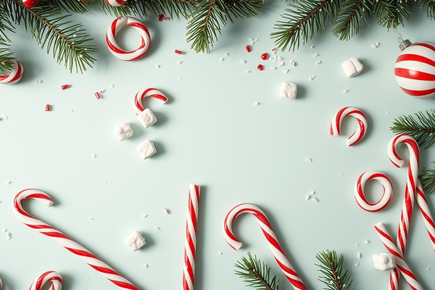 AI generated: Photorealistic playful Christmas flat-lay background on pastel mint surface: candy canes arranged like smiley faces, tiny marshmallows “eyes”, sprinkled confetti like snow, soft st