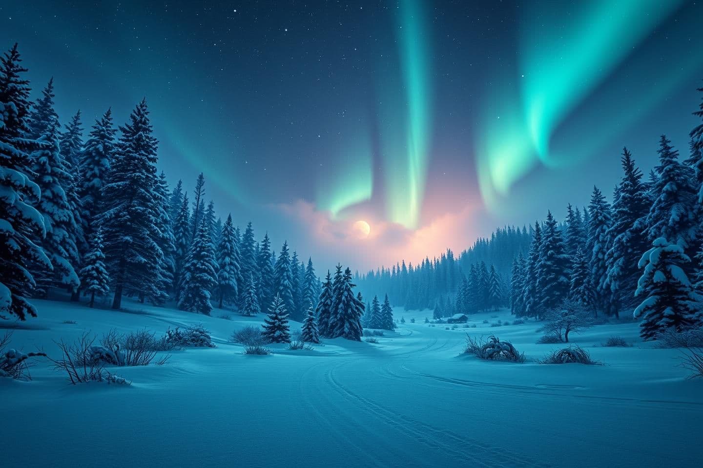 AI generated: Ultra‑HD 8K hyper‑realistic winter valley at night, soft snowfall, bioluminescent snow crystals glowing faint cyan, distant pine forest silhouettes, subtle aurora ribbons forming a