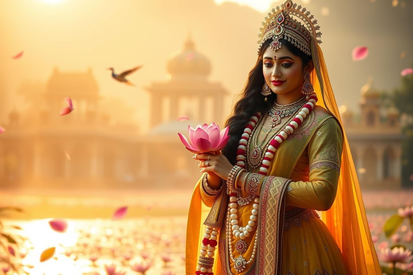 AI generated: A serene devotional cinematic background for 16:9 video editing, Radha Rani standing gracefully, divine glowing aura, soft golden sunrise light, Vrindavan temple background, peacoc