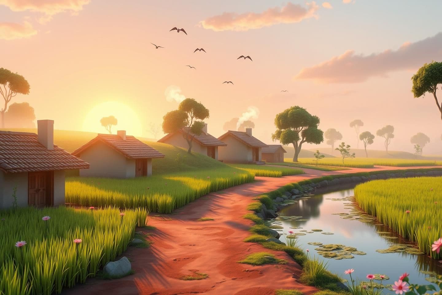 AI generated: "A peaceful early morning village scene in 3D cartoon Pixar style. Soft sunrise light shining warmly. Green rice fields, small mud houses with tiled roofs, smoke coming from a chim