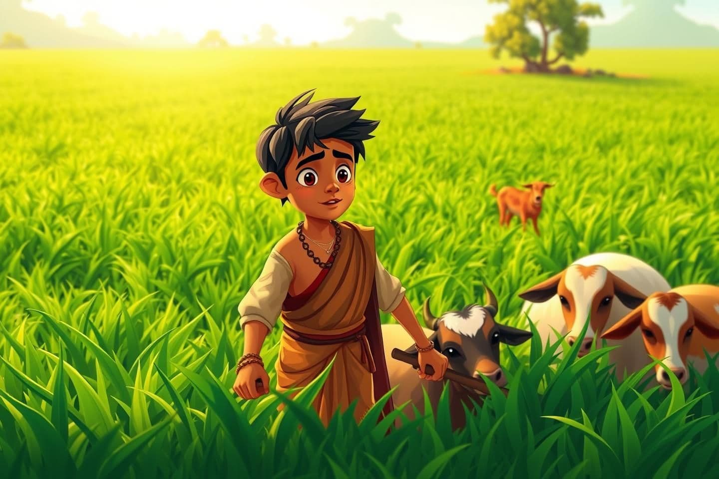 AI generated: IMPORTANT: Generate with all text in Hindi script only. 16:9 cartoon style, young Raja working in green fields under sunlight, guiding cows or goats with a stick. His clothes are s