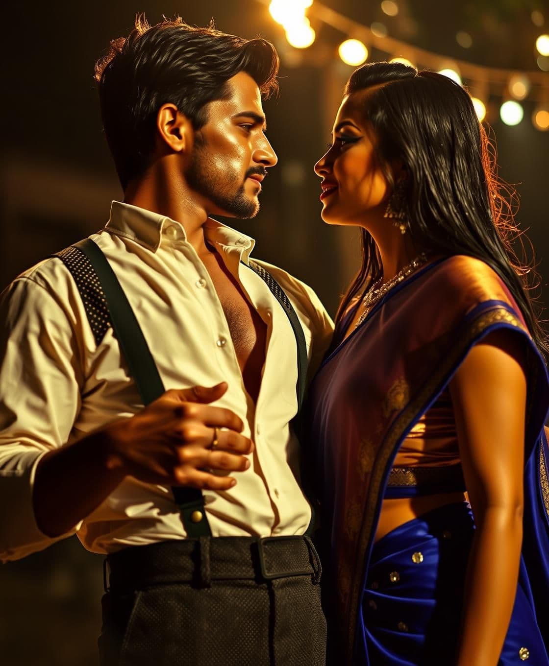 AI generated: Subject: A cinematic, ultra-realistic night portrait of a stunning Indian couple, identical to reference features, locked in a gaze of consuming, primal devotion. The atmosphere i