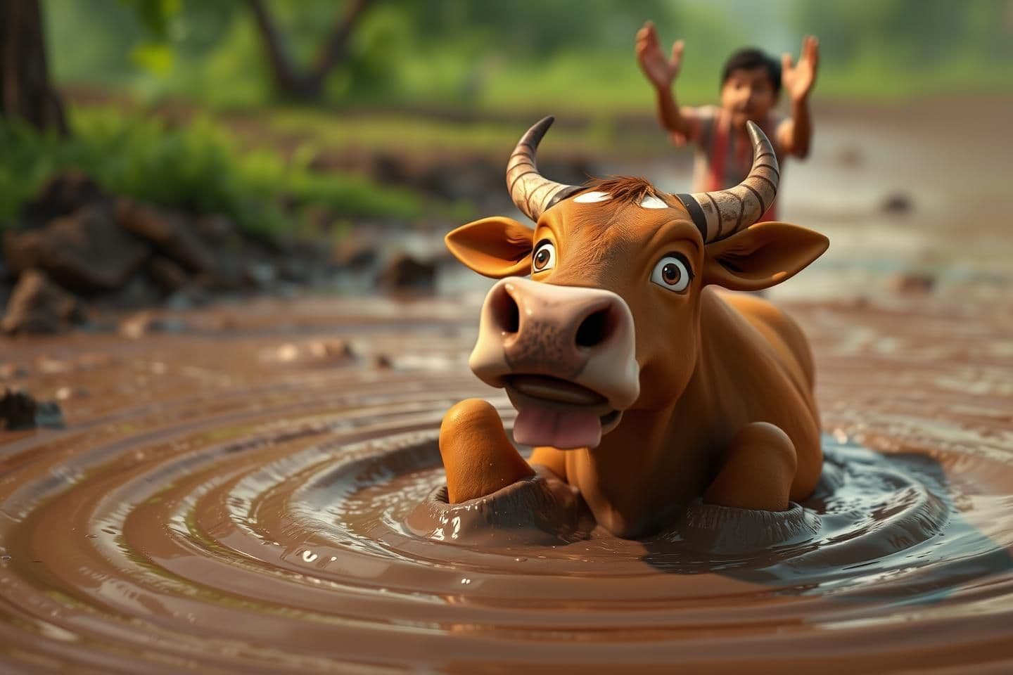 AI generated: 🎬 Scene 2 (2–5s): गाय कीचड़ में फँस जाती है
Image Prompt:
"Desi brown cow struggling in deep wet mud, legs sinking, eyes wide in fear. Mud collapsing inward, water ripples formin