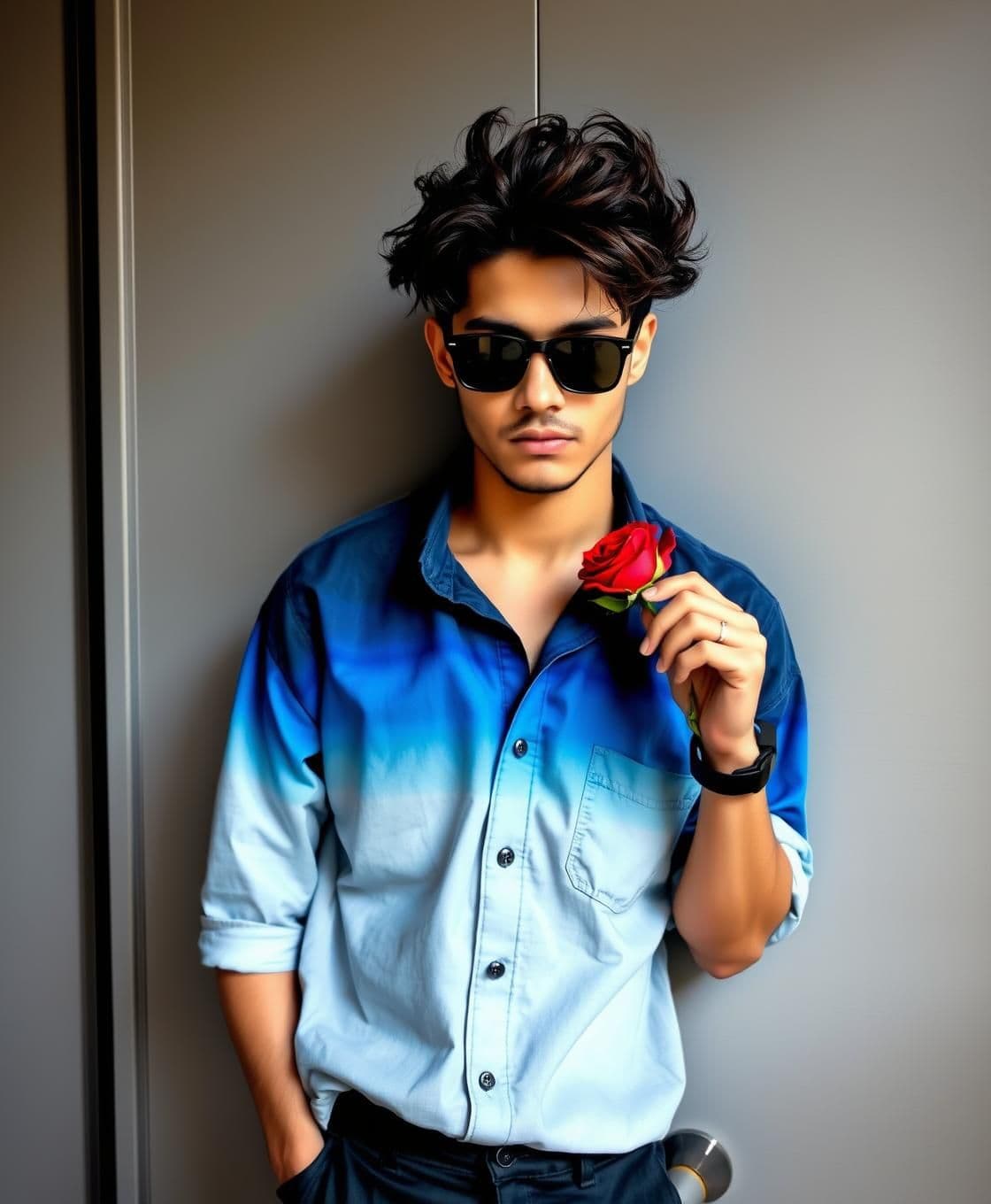 AI generated: Gemini
Stylish young man (use my real face with 100% accuracy), with dark, messy hair and sunglasses, leaning casually against a light gray, paneled wall. He is wearing an oversize