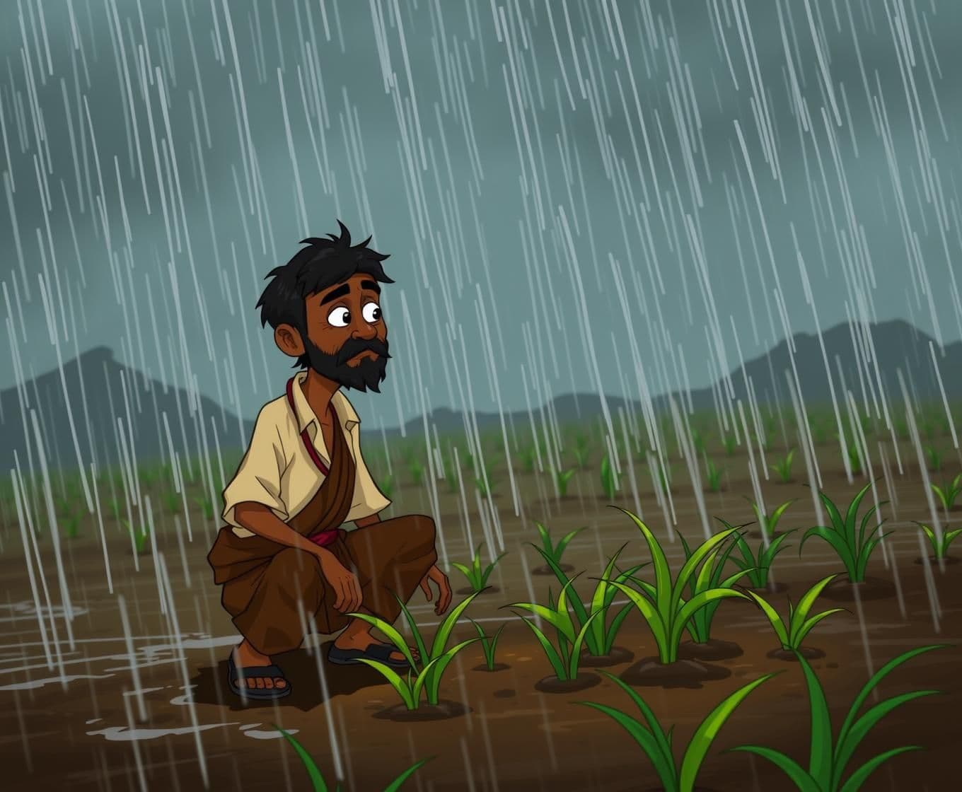 AI generated: Scene 4: মাটির শক্তি (9:00 – 12:00) – “2D cartoon middle-aged Indian villager man named Ramu, dark brown skin, thin but strong body, short uncombed black hair, small beard, wearing