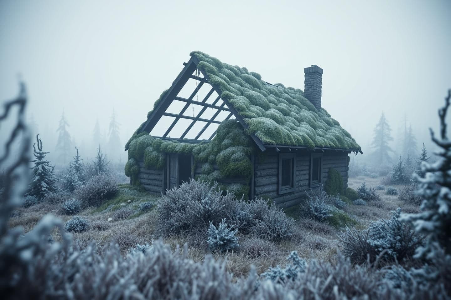 AI generated: A highly stylized 3D render of a remote, overgrown structure half-sunken into northern wilderness, its collapsed roof barely visible under moss and frost, with no characters presen