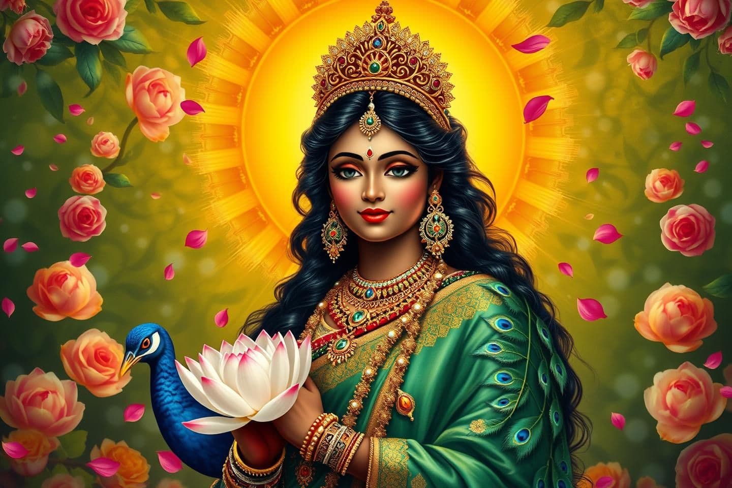 AI generated: “Traditional devotional painting style, dark complexion Radha Rani (Shyama Ji) standing gracefully with lotus and peacock feathers, Vrindavan green floral background, golden divine