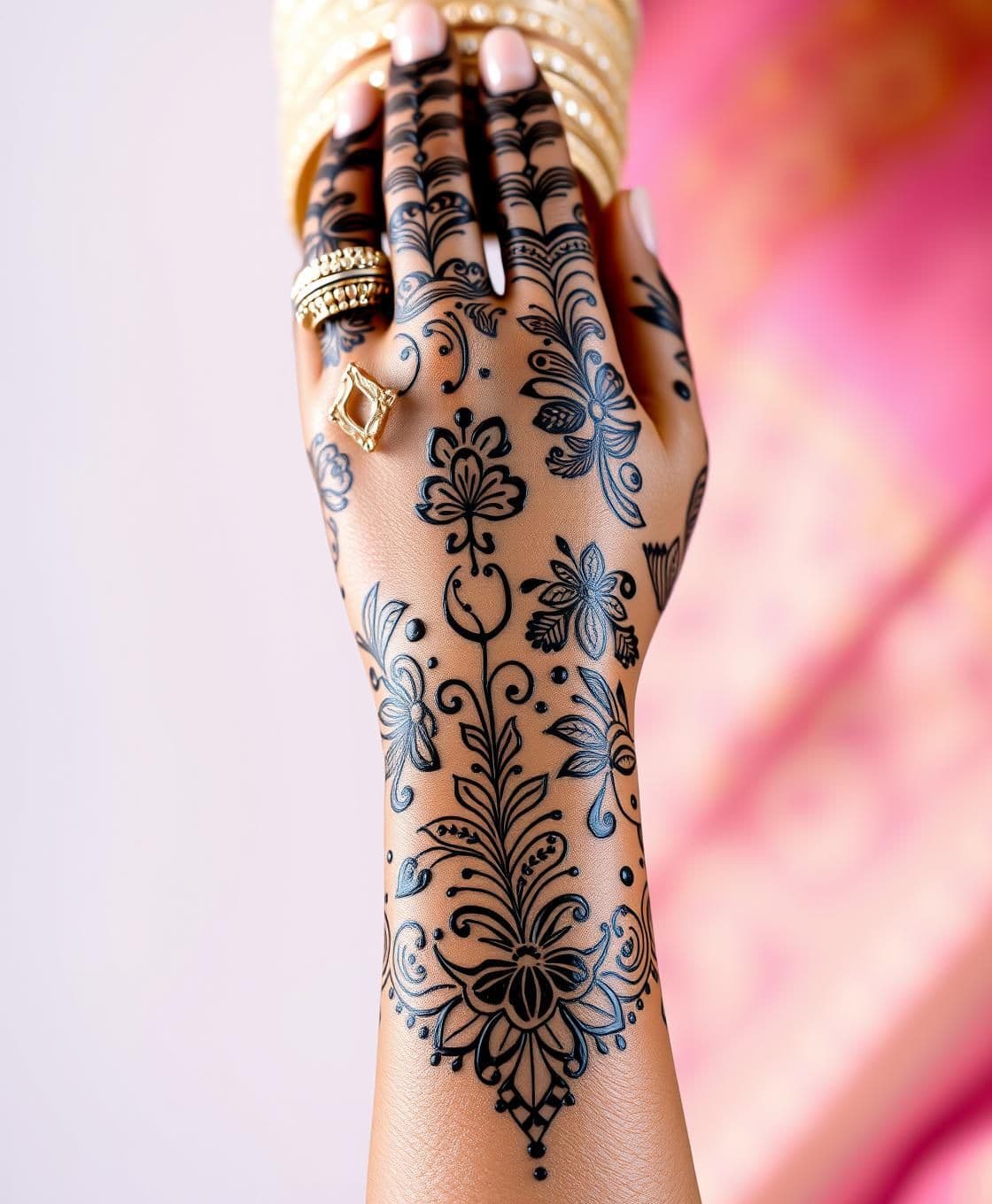 AI generated: "Generate an artistic AI-style image of the bridal arm of an Indian bride named Heena, shown from fingers to elbow. The arm features unique, modern-meets-traditional mehndi (henna)