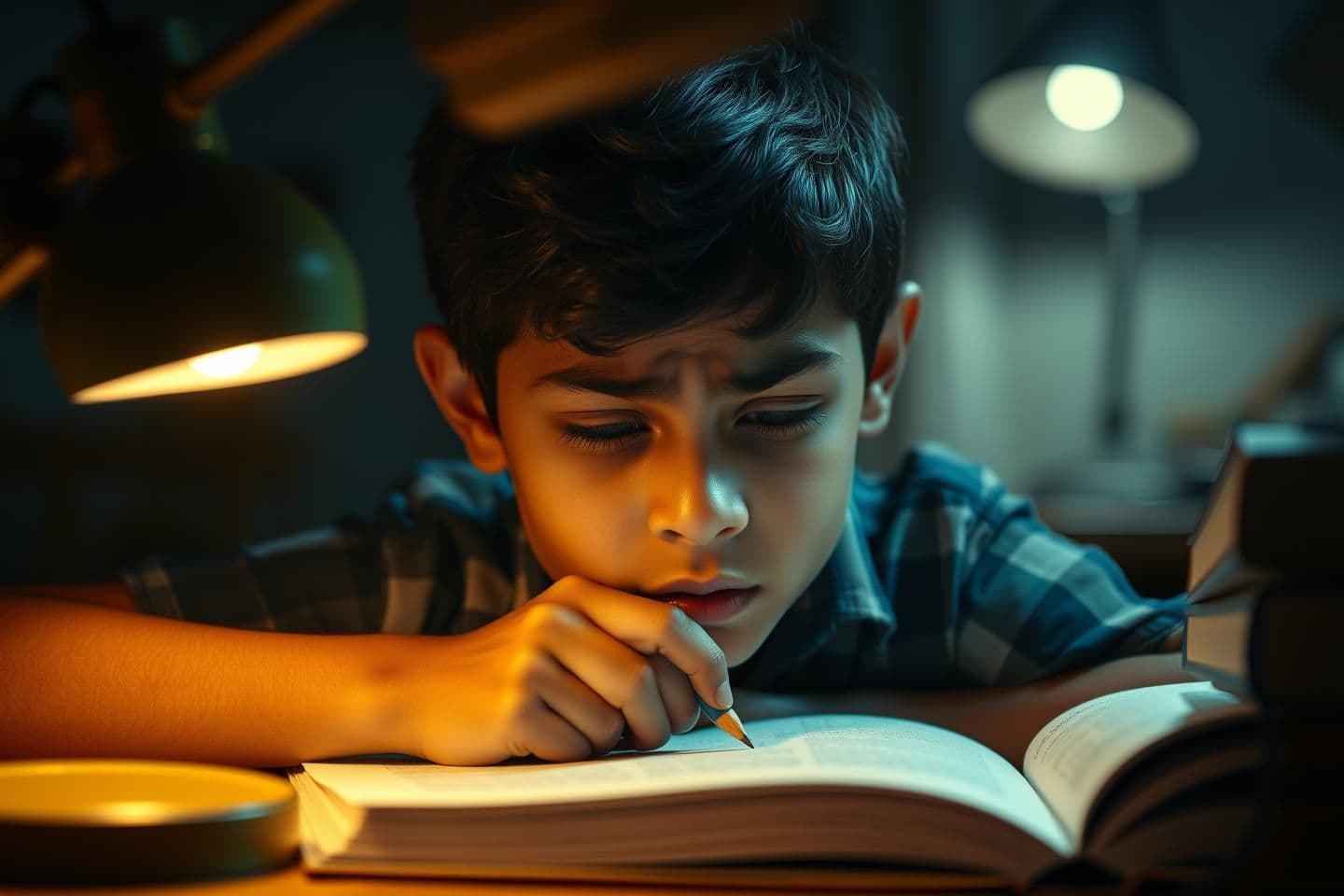 AI generated:
Cinematic close-up of a 14-year-old indian student struggling to study at night. A desk lamp glows softly. Textbooks are open, pencil tapping, the student looks stressed and con